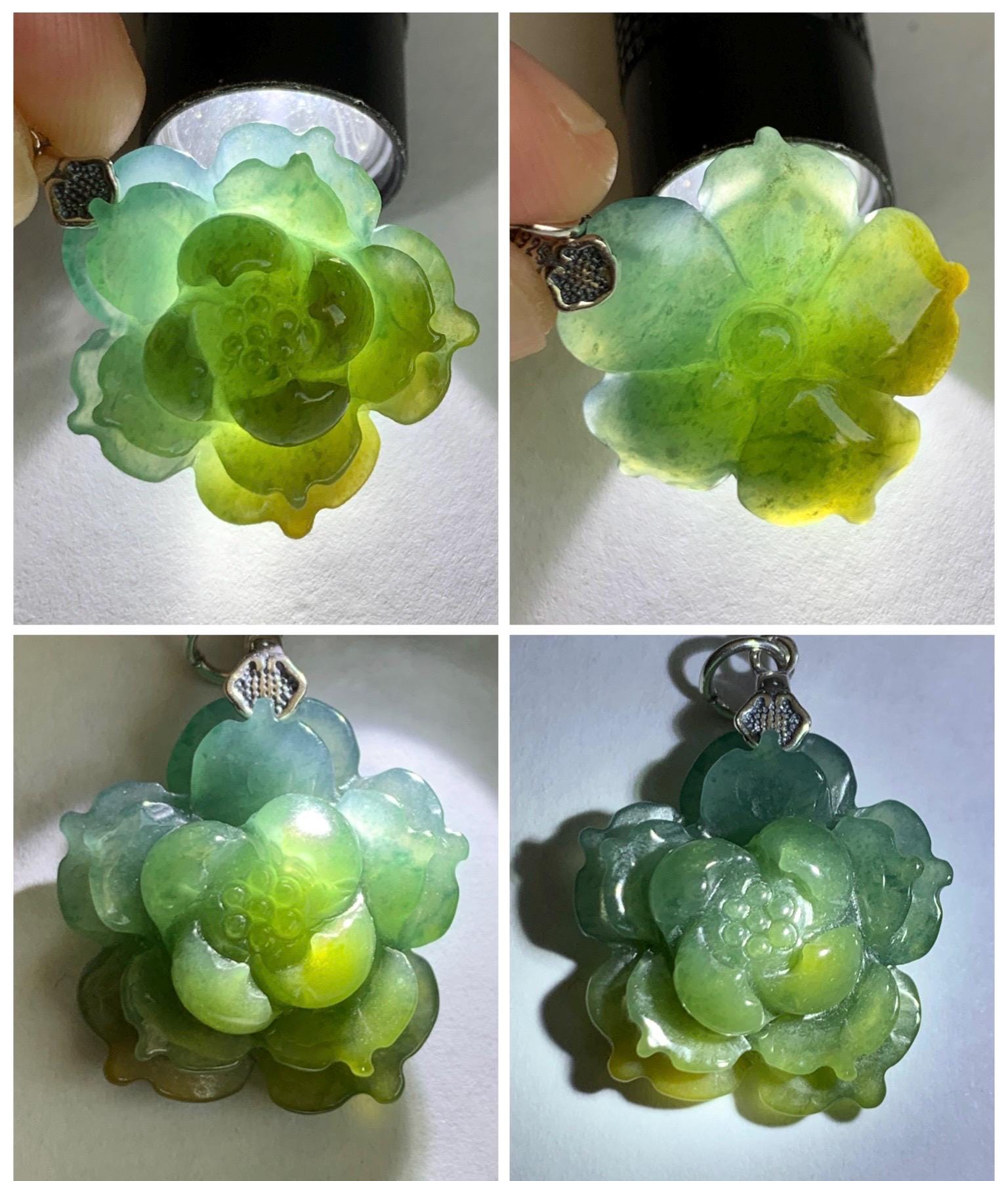 Natural Grade A Guatemalan Icy Dark Dusty Blue Yellow Marbled bicolored Jade Jadeite Lotus Flower Pendant Sterling Silver 天然冰危蓝黄翡翠莲花吊坠MSL132