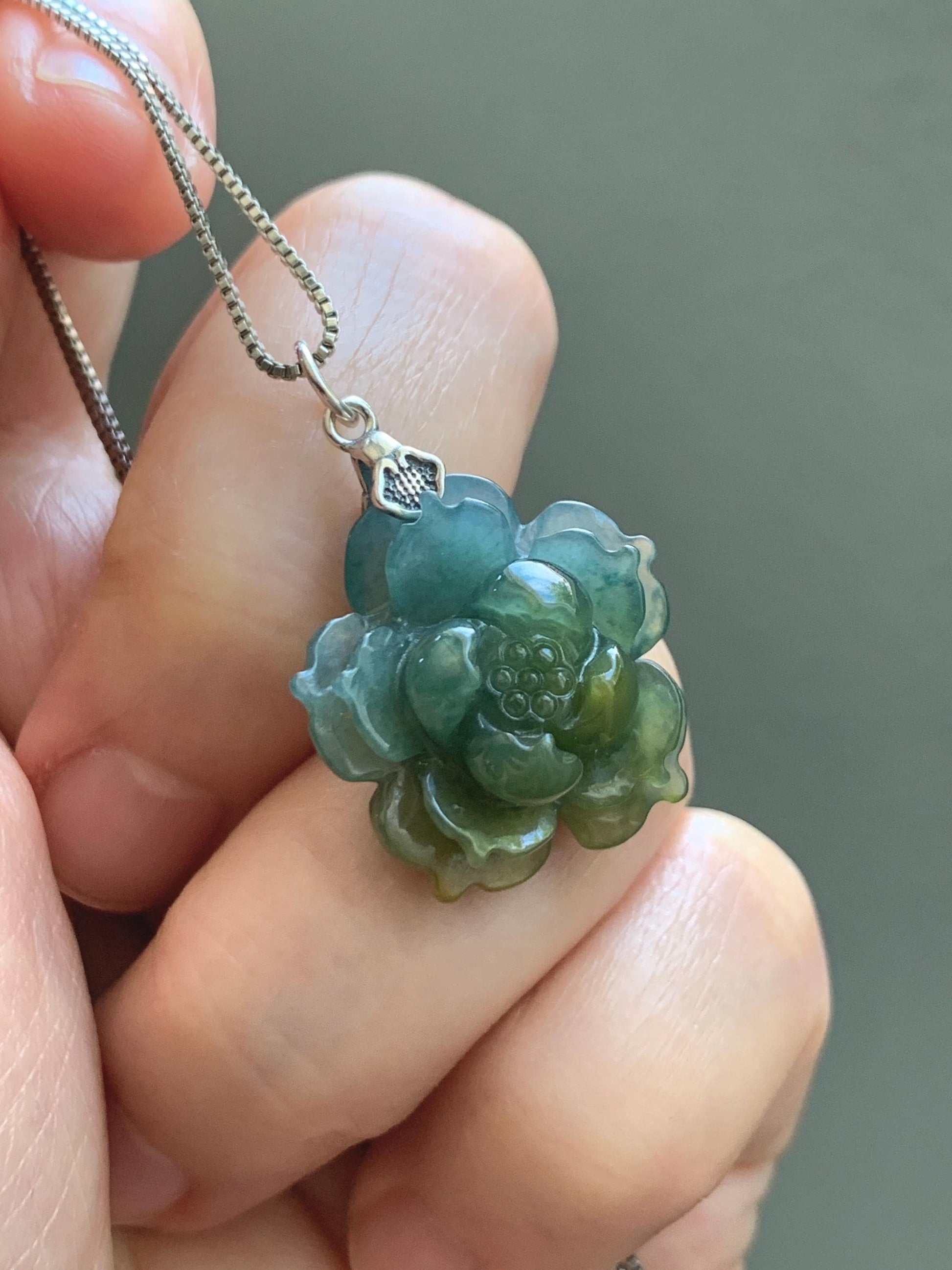 Natural Grade A Guatemalan Icy Dark Dusty Blue Yellow Marbled bicolored Jade Jadeite Lotus Flower Pendant Sterling Silver 天然冰危蓝黄翡翠莲花吊坠MSL132