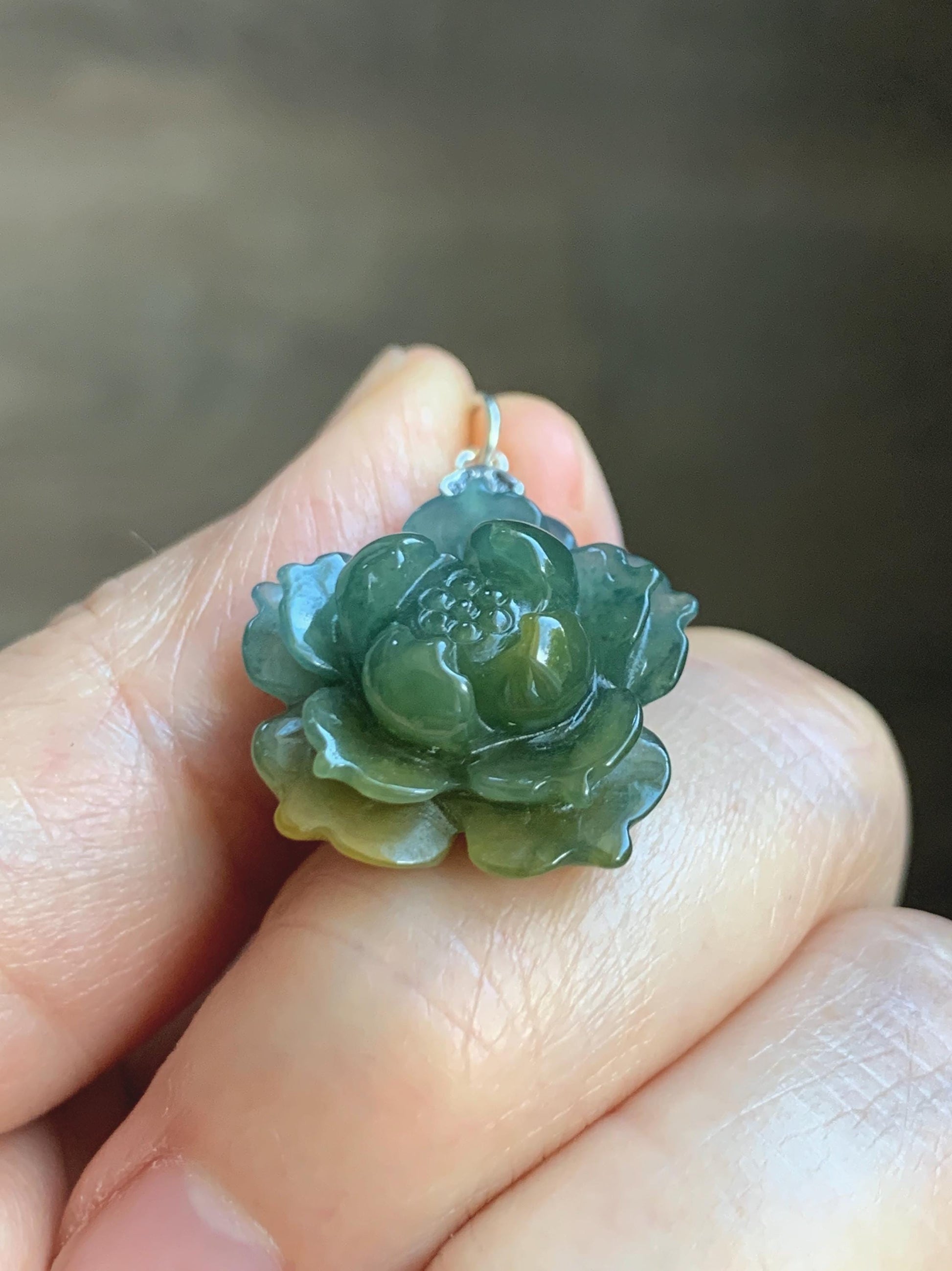 Natural Grade A Guatemalan Icy Dark Dusty Blue Yellow Marbled bicolored Jade Jadeite Lotus Flower Pendant Sterling Silver 天然冰危蓝黄翡翠莲花吊坠MSL132