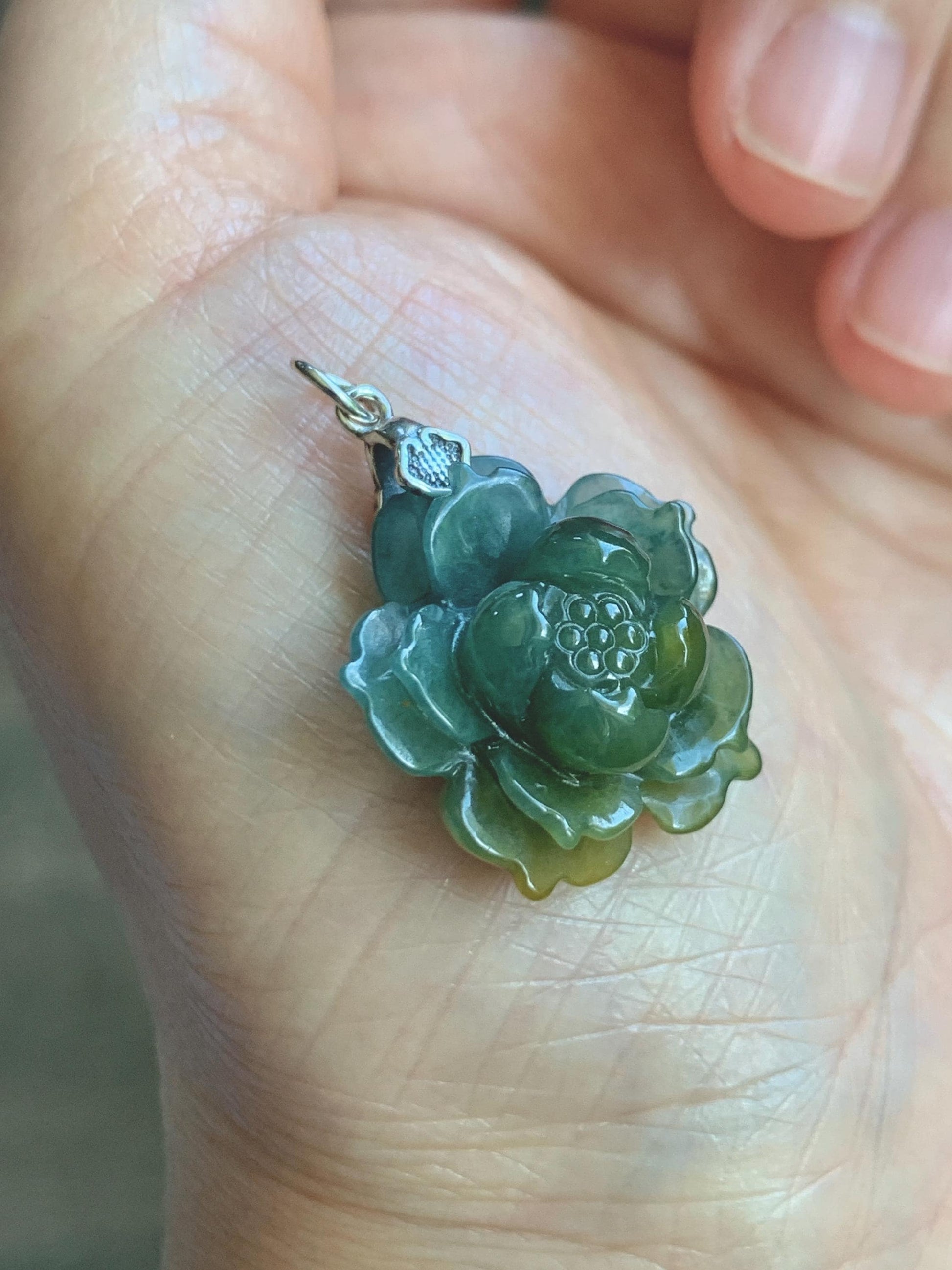 Natural Grade A Guatemalan Icy Dark Dusty Blue Yellow Marbled bicolored Jade Jadeite Lotus Flower Pendant Sterling Silver 天然冰危蓝黄翡翠莲花吊坠MSL132