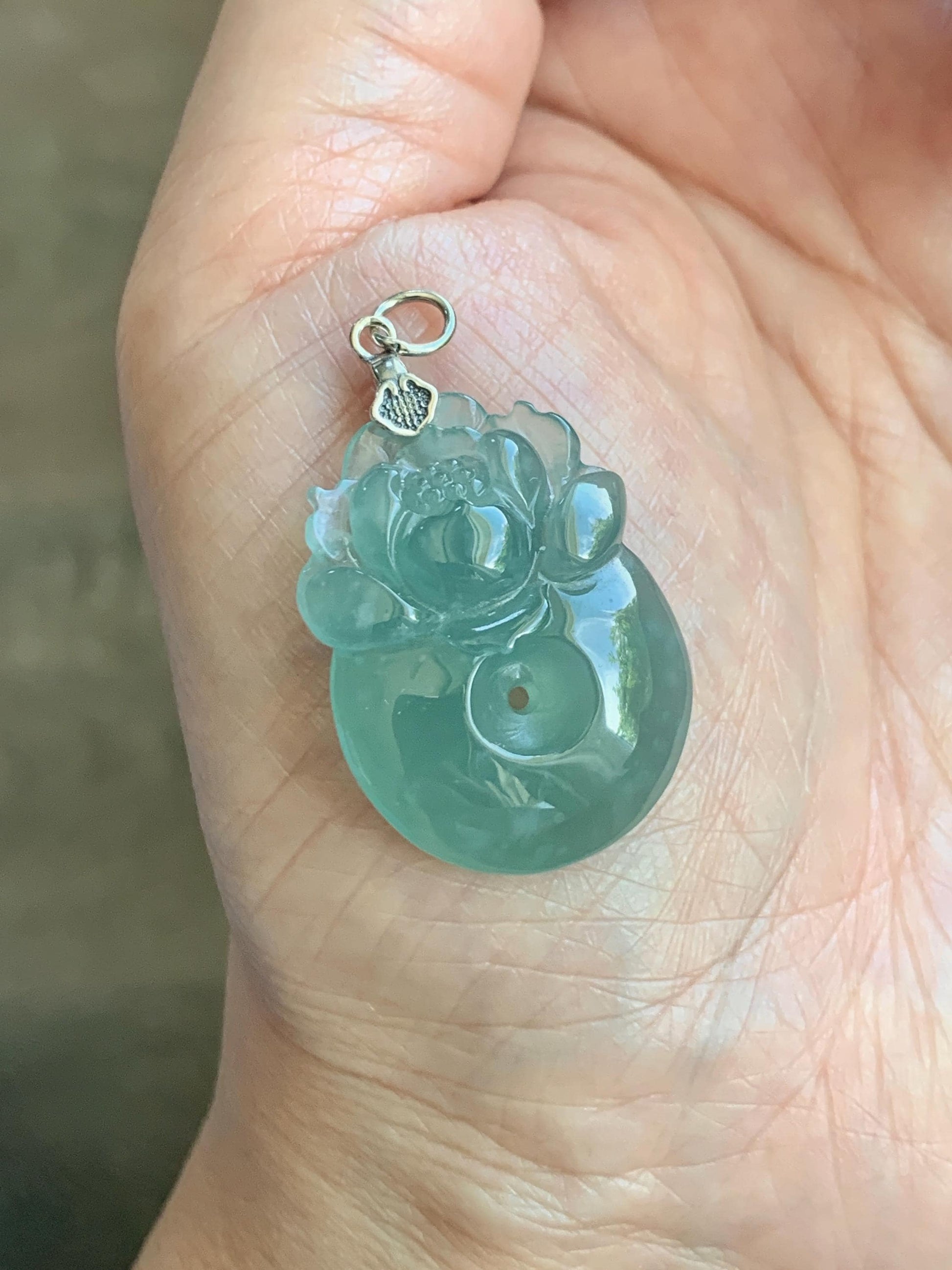Natural Grade A Guatemalan Icy Translucent Teal Jade Jadeite Lotus Flower Ping An Kou Donut Pendant Sterling Silver 7g 天然冰危蓝翡翠莲花平安扣吊坠 WTL220