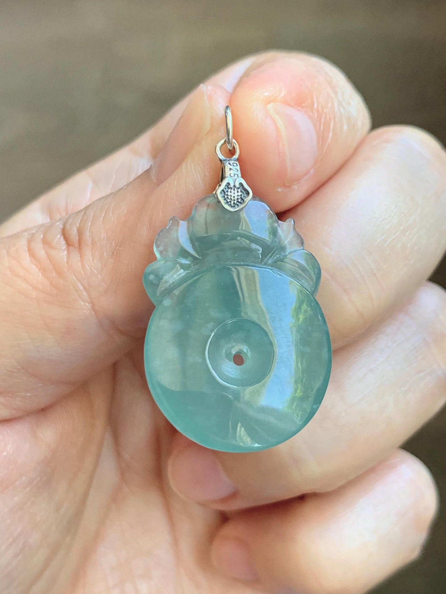 Natural Grade A Guatemalan Icy Translucent Teal Jade Jadeite Lotus Flower Ping An Kou Donut Pendant Sterling Silver 7g 天然冰危蓝翡翠莲花平安扣吊坠 WTL220