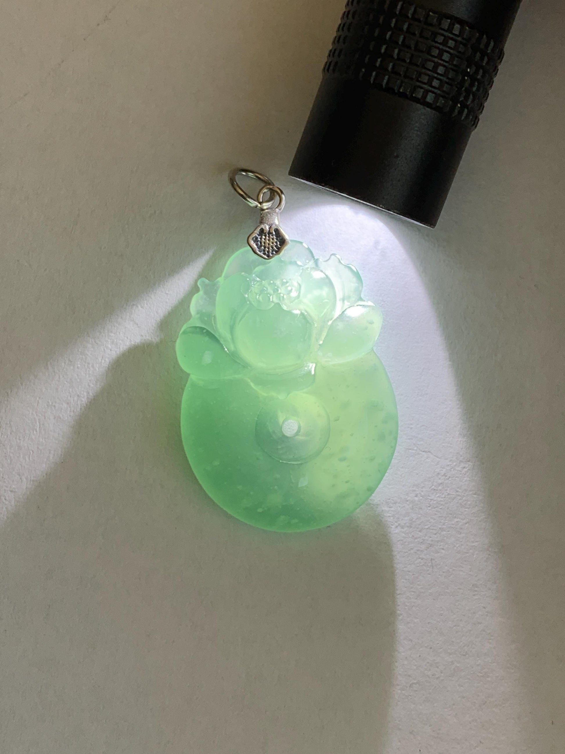 Natural Grade A Guatemalan Icy Translucent Teal Jade Jadeite Lotus Flower Ping An Kou Donut Pendant Sterling Silver 7g 天然冰危蓝翡翠莲花平安扣吊坠 WTL220