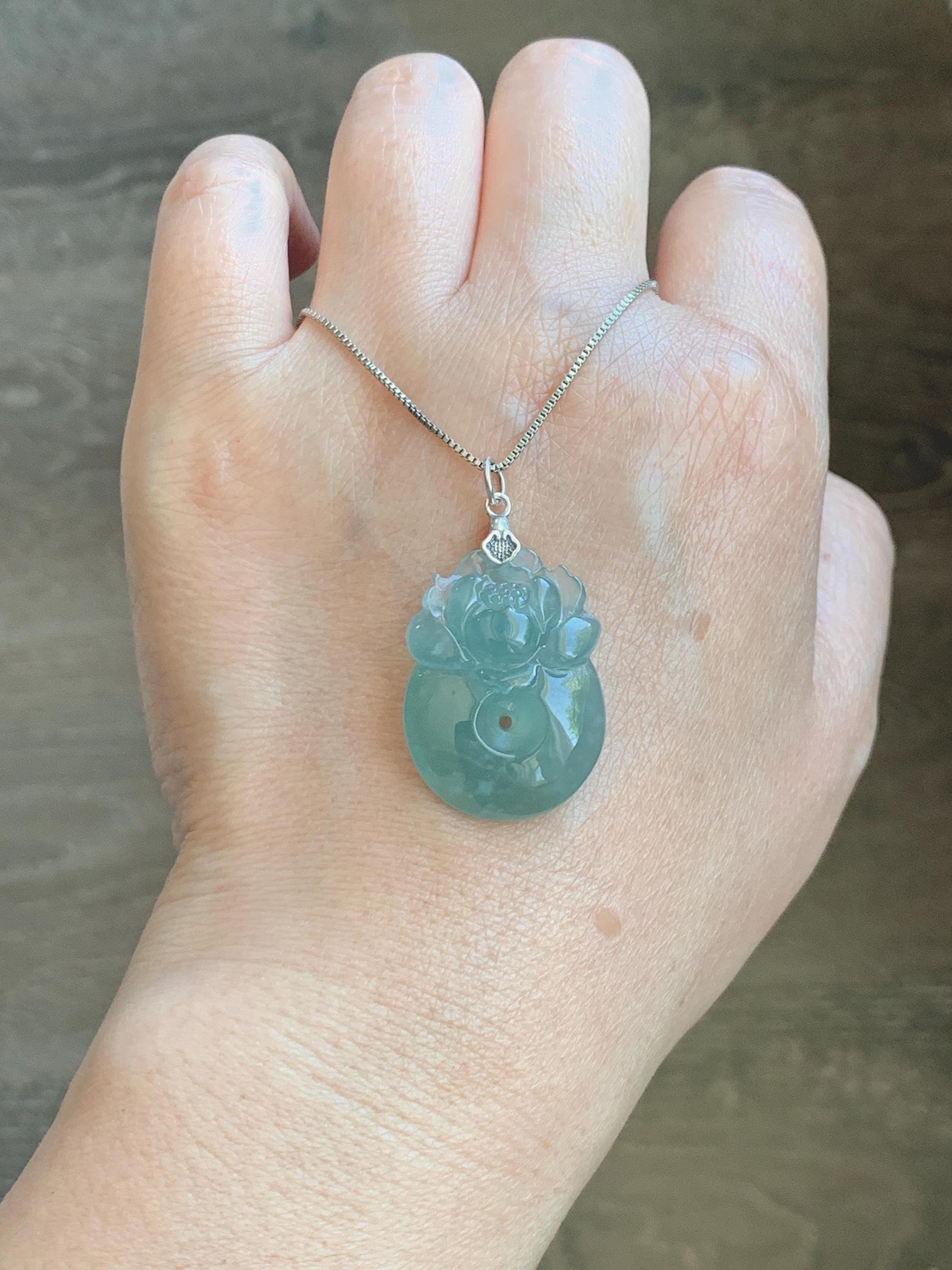 Natural Grade A Guatemalan Icy Translucent Teal Jade Jadeite Lotus Flower Ping An Kou Donut Pendant Sterling Silver 7g 天然冰危蓝翡翠莲花平安扣吊坠 WTL220