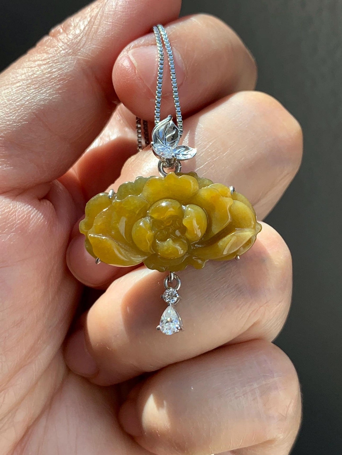 Certified Grade A Natural Guatemalan Icy Intense Yellow Jade Jadeite Lotus Flower Pendant Moissanite Sterling Silver 6.13g 天然冰危油黄翡翠莲花镶嵌吊坠240