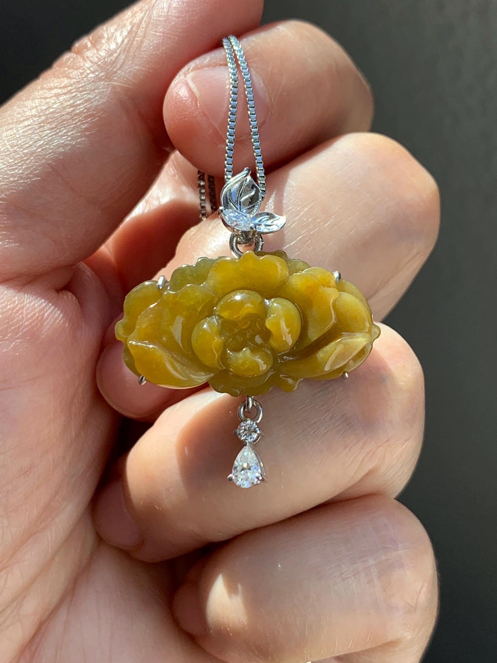 Certified Grade A Natural Guatemalan Icy Intense Yellow Jade Jadeite Lotus Flower Pendant Moissanite Sterling Silver 6.13g 天然冰危油黄翡翠莲花镶嵌吊坠240
