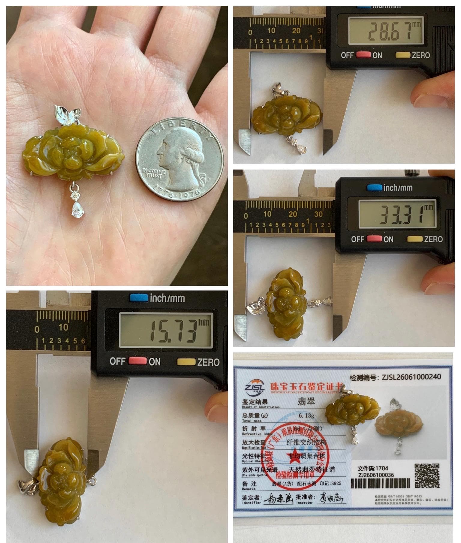 Certified Grade A Natural Guatemalan Icy Intense Yellow Jade Jadeite Lotus Flower Pendant Moissanite Sterling Silver 6.13g 天然冰危油黄翡翠莲花镶嵌吊坠240