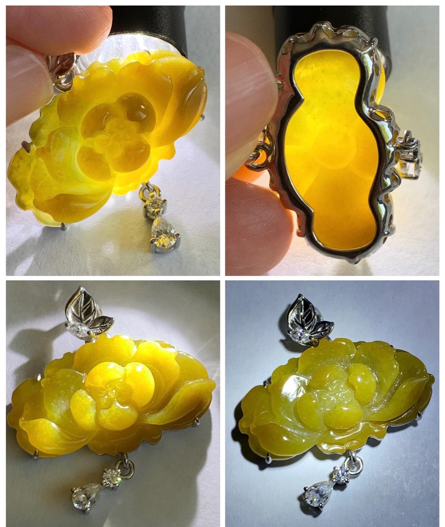 Certified Grade A Natural Guatemalan Icy Intense Yellow Jade Jadeite Lotus Flower Pendant Moissanite Sterling Silver 6.13g 天然冰危油黄翡翠莲花镶嵌吊坠240