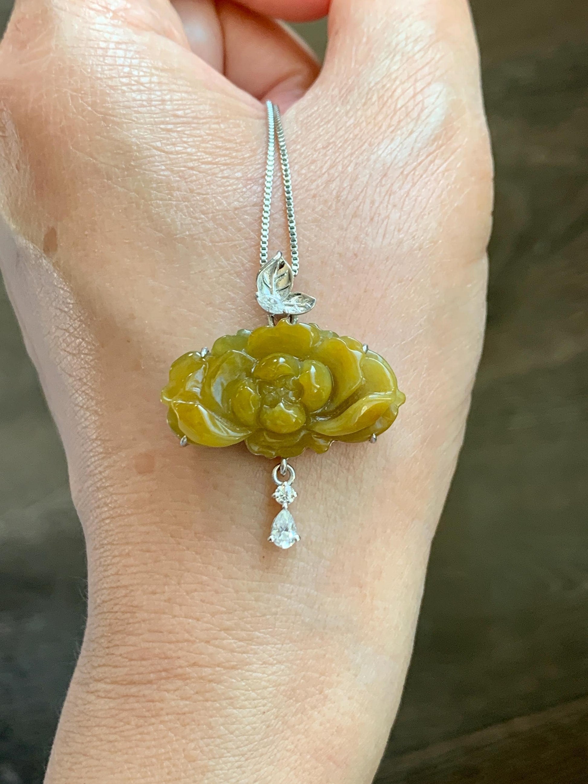 Certified Grade A Natural Guatemalan Icy Intense Yellow Jade Jadeite Lotus Flower Pendant Moissanite Sterling Silver 6.13g 天然冰危油黄翡翠莲花镶嵌吊坠240