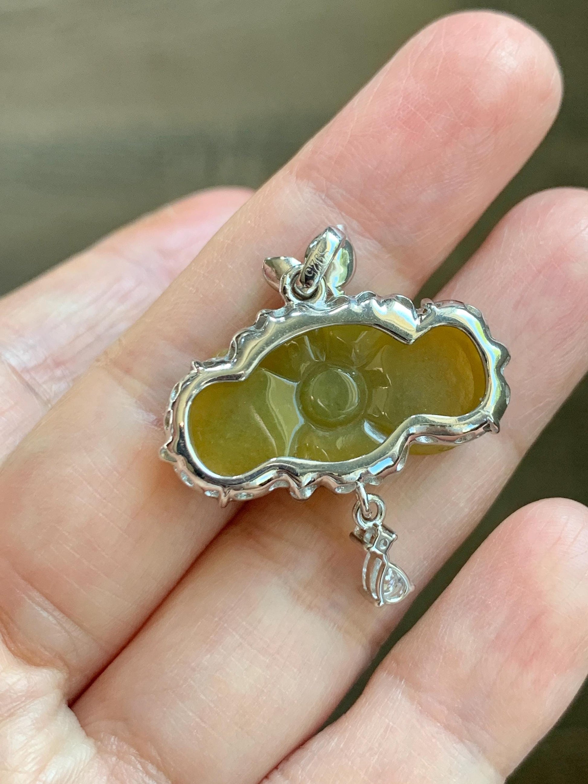 Certified Grade A Natural Guatemalan Icy Intense Yellow Jade Jadeite Lotus Flower Pendant Moissanite Sterling Silver 6.13g 天然冰危油黄翡翠莲花镶嵌吊坠240
