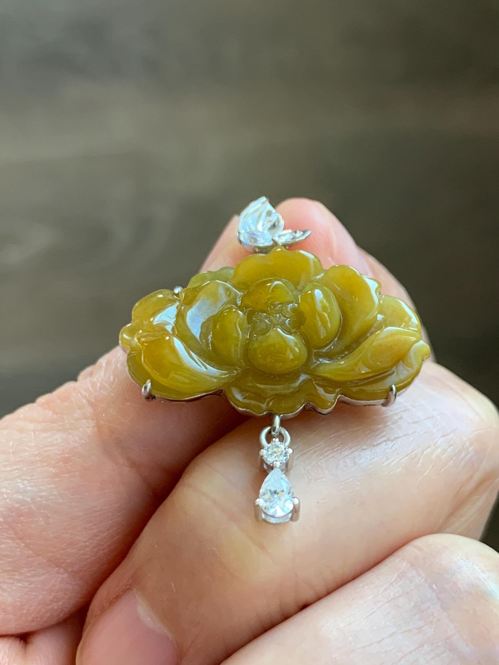 Certified Grade A Natural Guatemalan Icy Intense Yellow Jade Jadeite Lotus Flower Pendant Moissanite Sterling Silver 6.13g 天然冰危油黄翡翠莲花镶嵌吊坠240