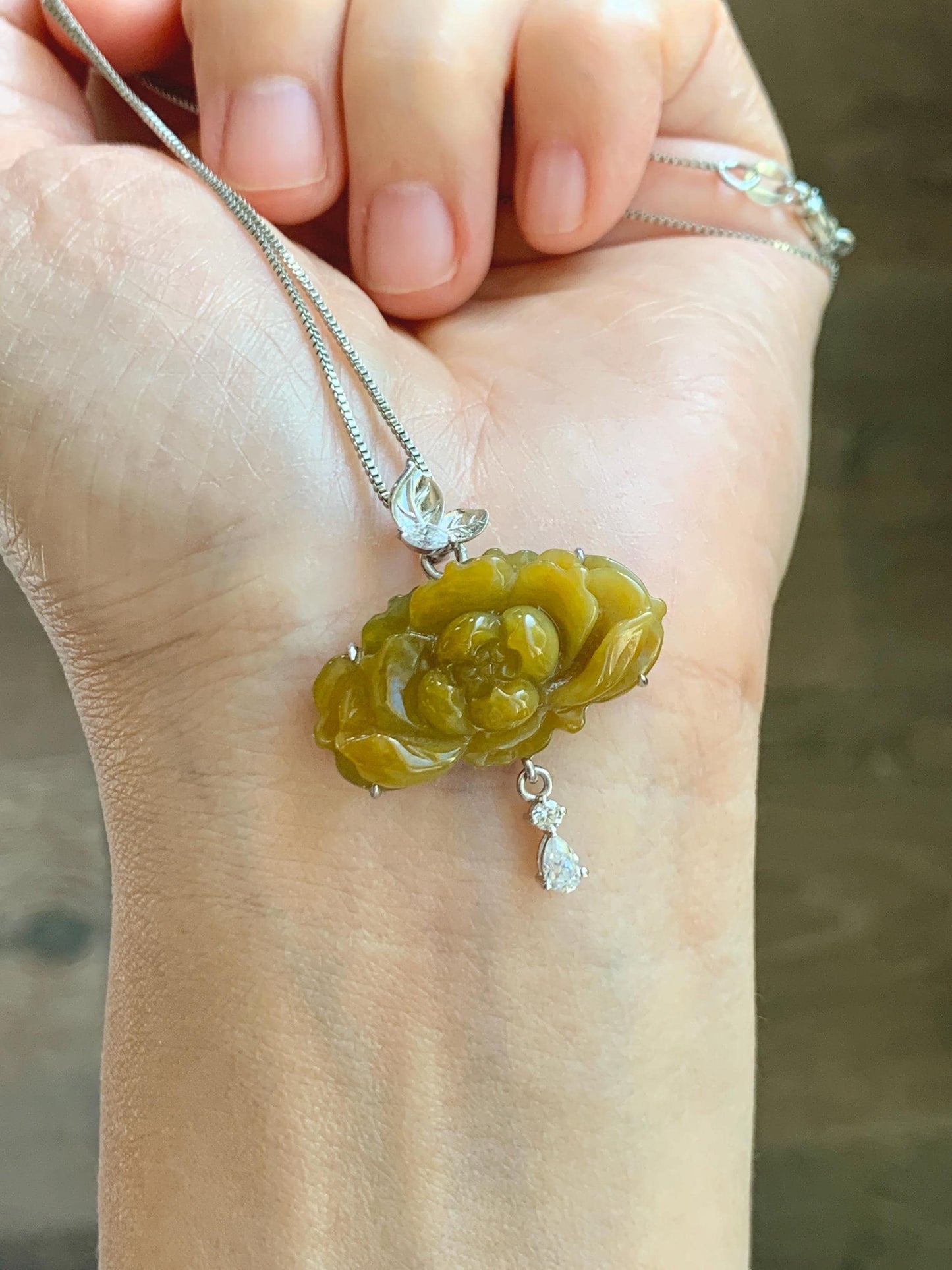 Certified Grade A Natural Guatemalan Icy Intense Yellow Jade Jadeite Lotus Flower Pendant Moissanite Sterling Silver 6.13g 天然冰危油黄翡翠莲花镶嵌吊坠240