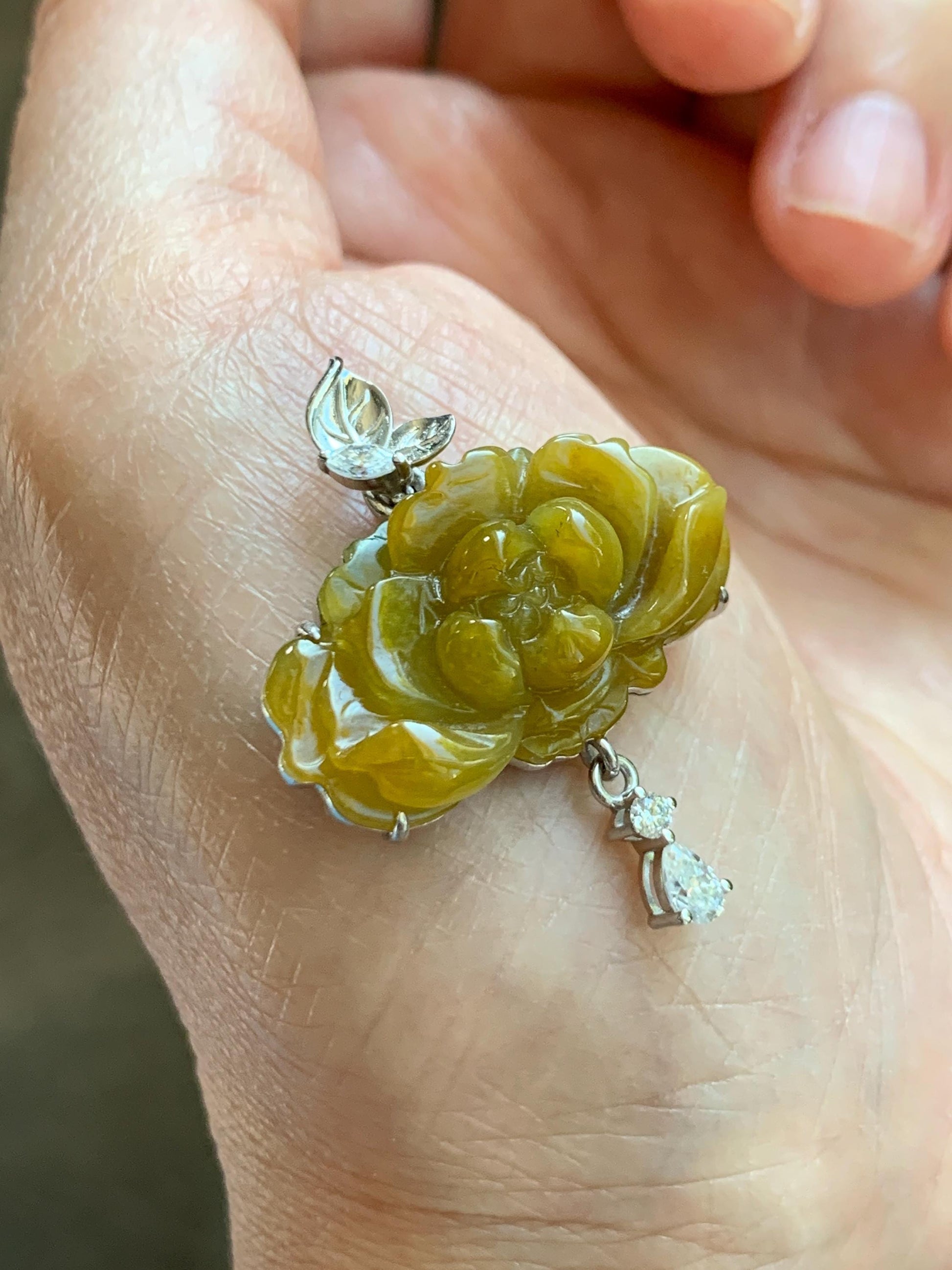 Certified Grade A Natural Guatemalan Icy Intense Yellow Jade Jadeite Lotus Flower Pendant Moissanite Sterling Silver 6.13g 天然冰危油黄翡翠莲花镶嵌吊坠240