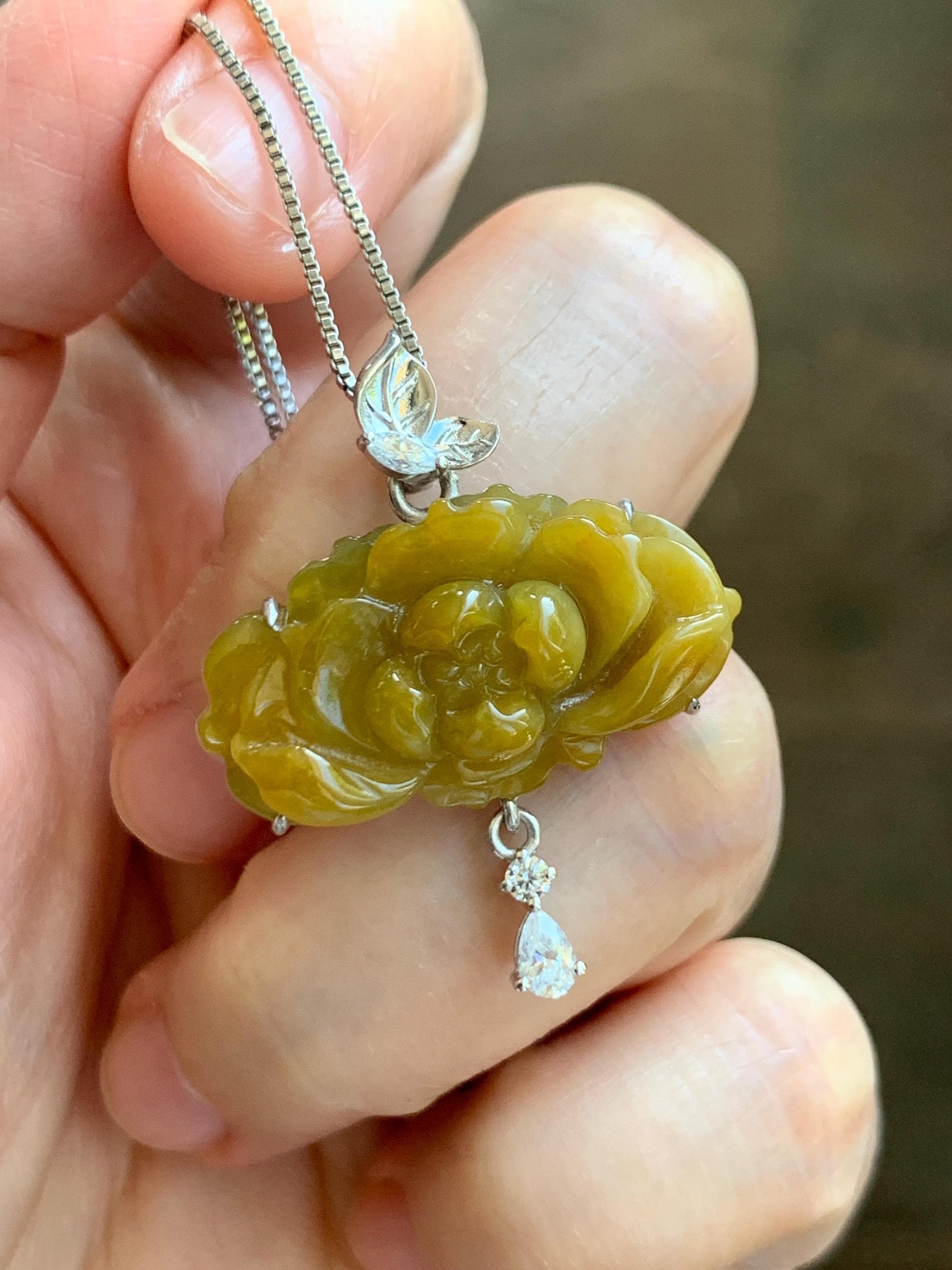 Certified Grade A Natural Guatemalan Icy Intense Yellow Jade Jadeite Lotus Flower Pendant Moissanite Sterling Silver 6.13g 天然冰危油黄翡翠莲花镶嵌吊坠240