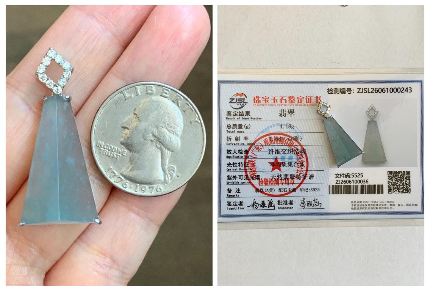 Certified Natural Grade A Guatemalan Icy Light Teal Jadeite Triangular Pillar Pendant Moissanite Sterling Silver 4.18g 天然高冰危浅蓝翡翠三角柱银镶吊坠 243