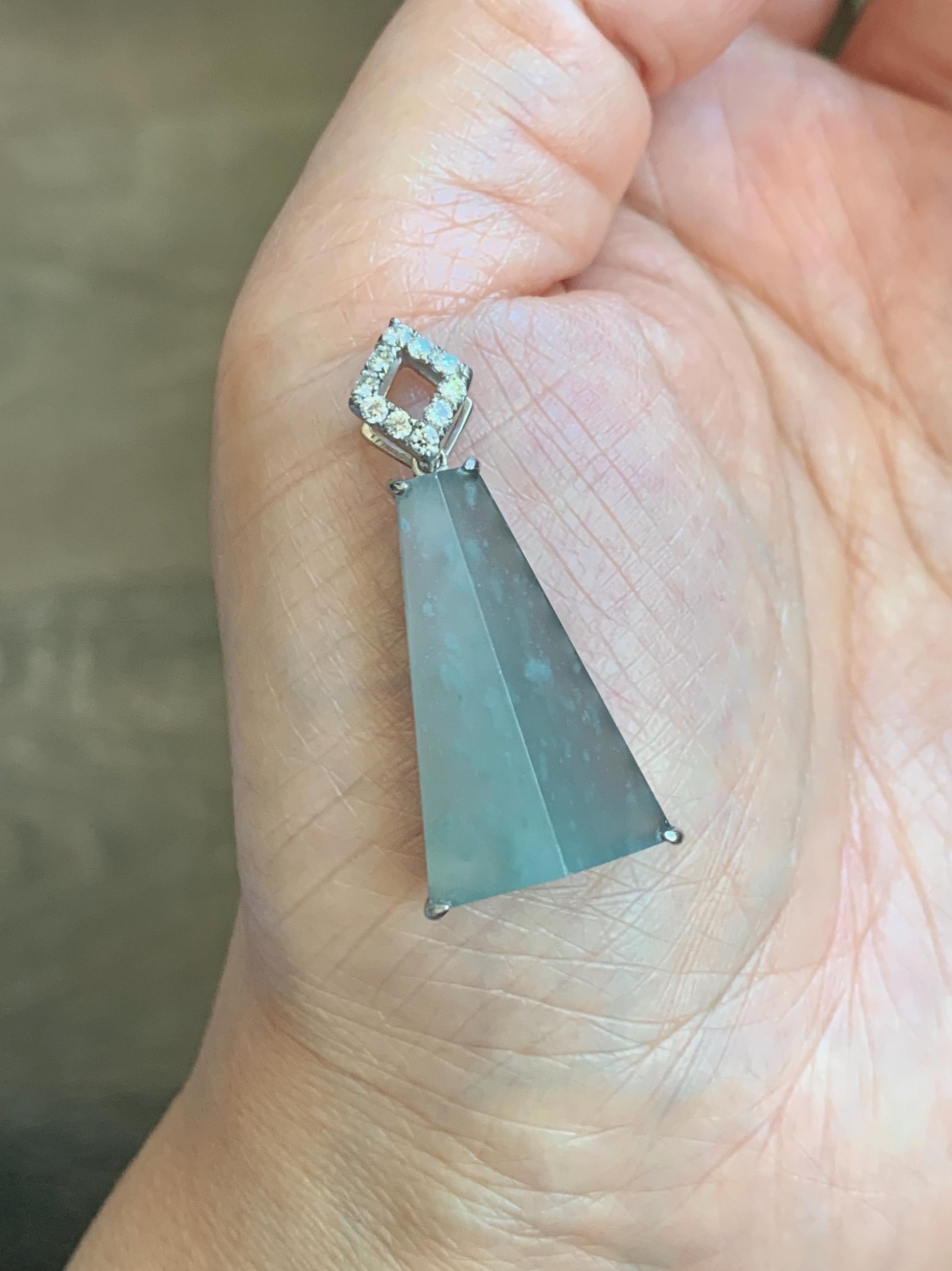 Certified Natural Grade A Guatemalan Icy Light Teal Jadeite Triangular Pillar Pendant Moissanite Sterling Silver 4.18g 天然高冰危浅蓝翡翠三角柱银镶吊坠 243