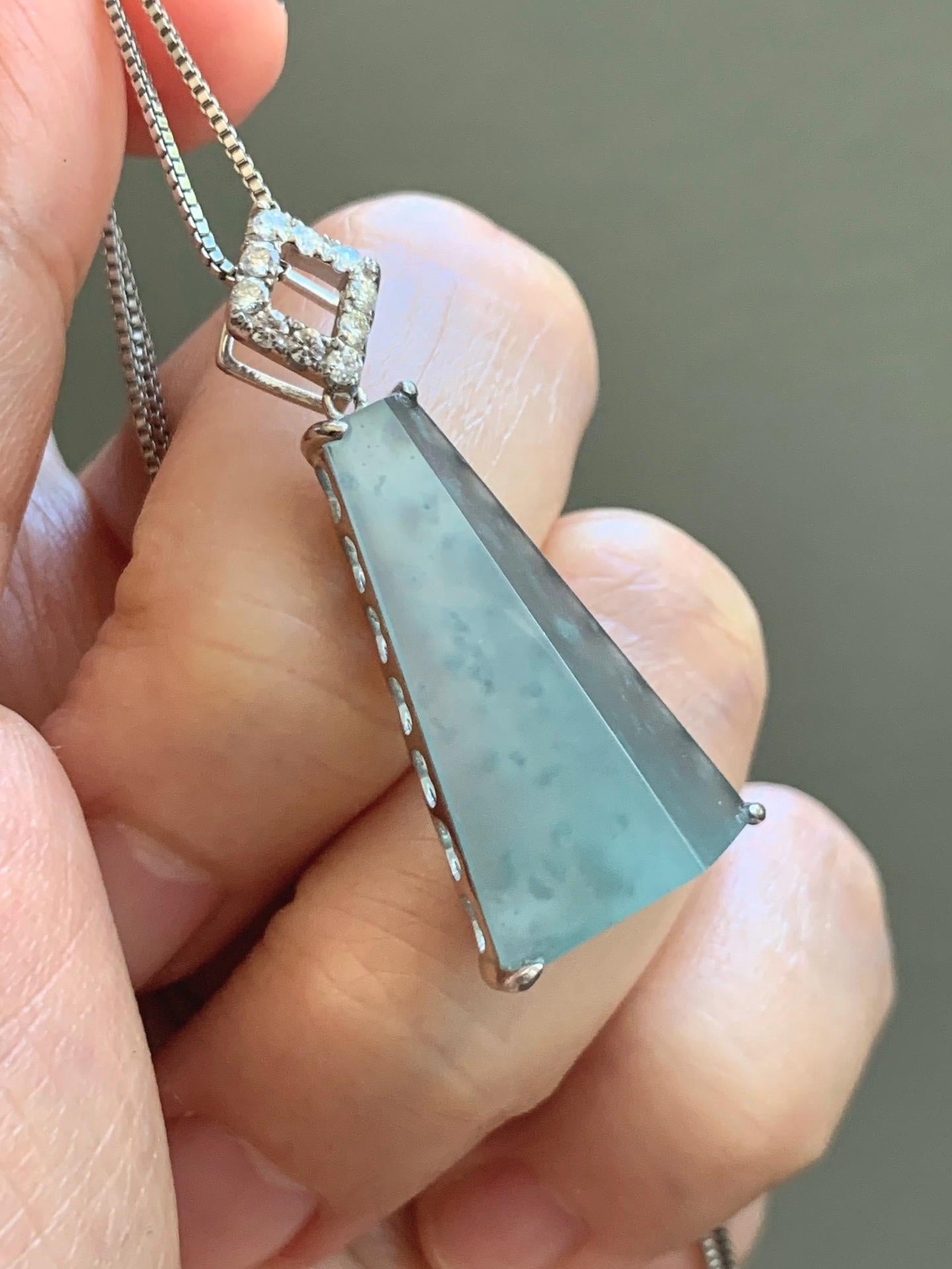 Certified Natural Grade A Guatemalan Icy Light Teal Jadeite Triangular Pillar Pendant Moissanite Sterling Silver 4.18g 天然高冰危浅蓝翡翠三角柱银镶吊坠 243