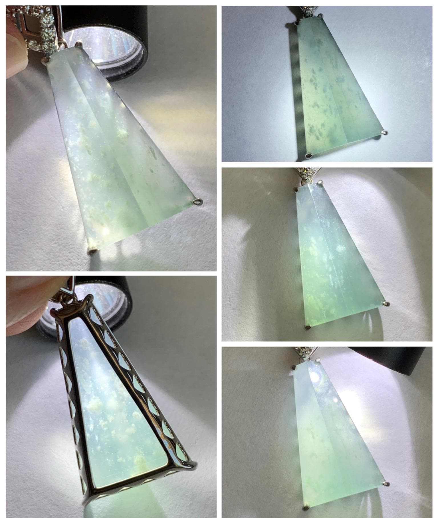 Certified Natural Grade A Guatemalan Icy Light Teal Jadeite Triangular Pillar Pendant Moissanite Sterling Silver 4.18g 天然高冰危浅蓝翡翠三角柱银镶吊坠 243
