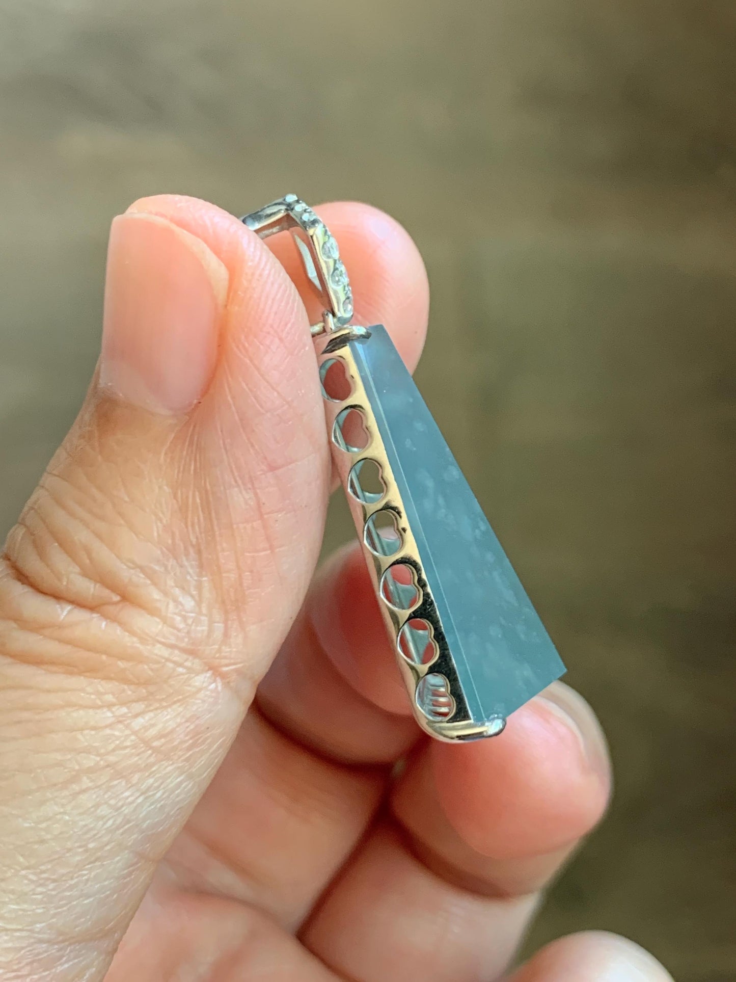 Certified Natural Grade A Guatemalan Icy Light Teal Jadeite Triangular Pillar Pendant Moissanite Sterling Silver 4.18g 天然高冰危浅蓝翡翠三角柱银镶吊坠 243