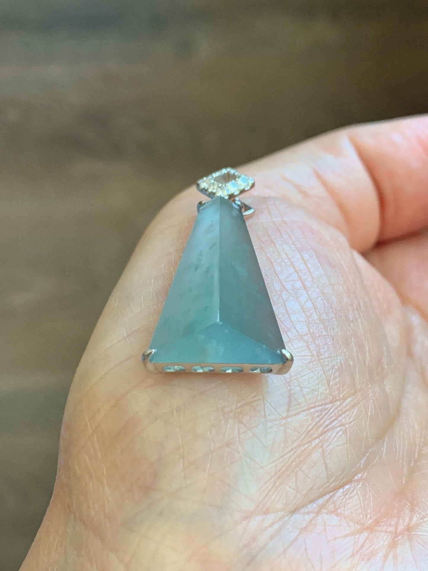Certified Natural Grade A Guatemalan Icy Light Teal Jadeite Triangular Pillar Pendant Moissanite Sterling Silver 4.18g 天然高冰危浅蓝翡翠三角柱银镶吊坠 243