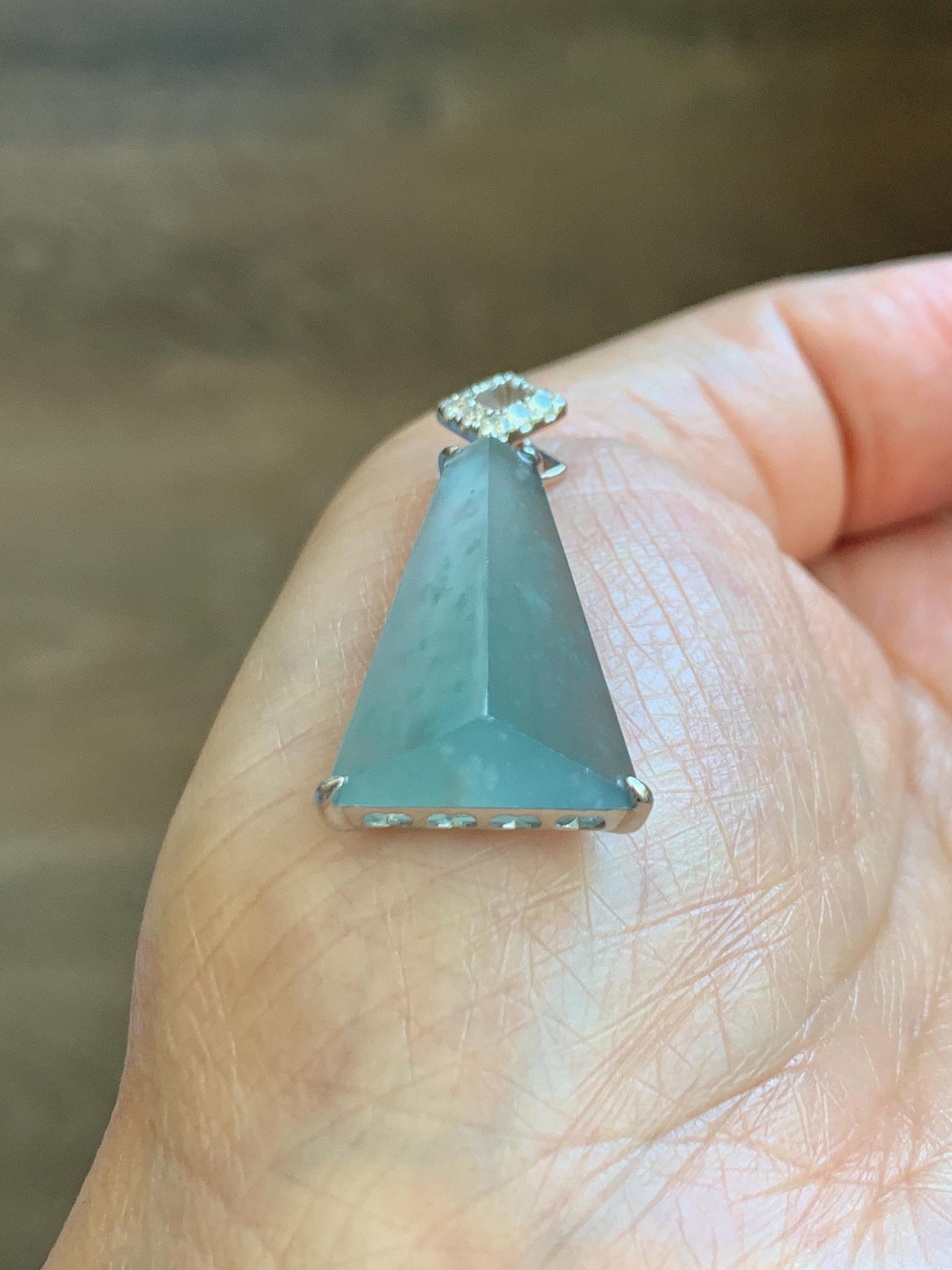 Certified Natural Grade A Guatemalan Icy Light Teal Jadeite Triangular Pillar Pendant Moissanite Sterling Silver 4.18g 天然高冰危浅蓝翡翠三角柱银镶吊坠 243