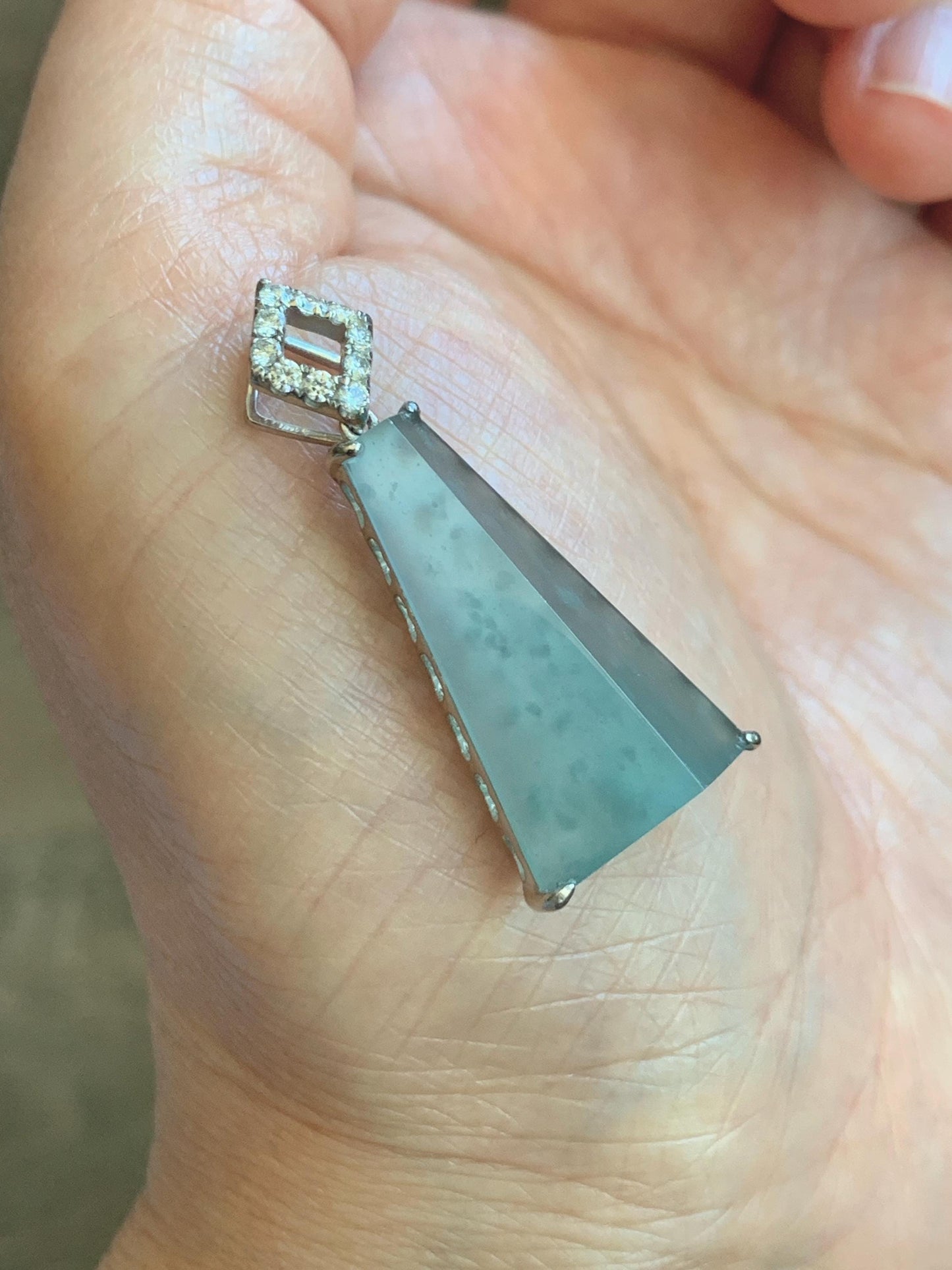 Certified Natural Grade A Guatemalan Icy Light Teal Jadeite Triangular Pillar Pendant Moissanite Sterling Silver 4.18g 天然高冰危浅蓝翡翠三角柱银镶吊坠 243