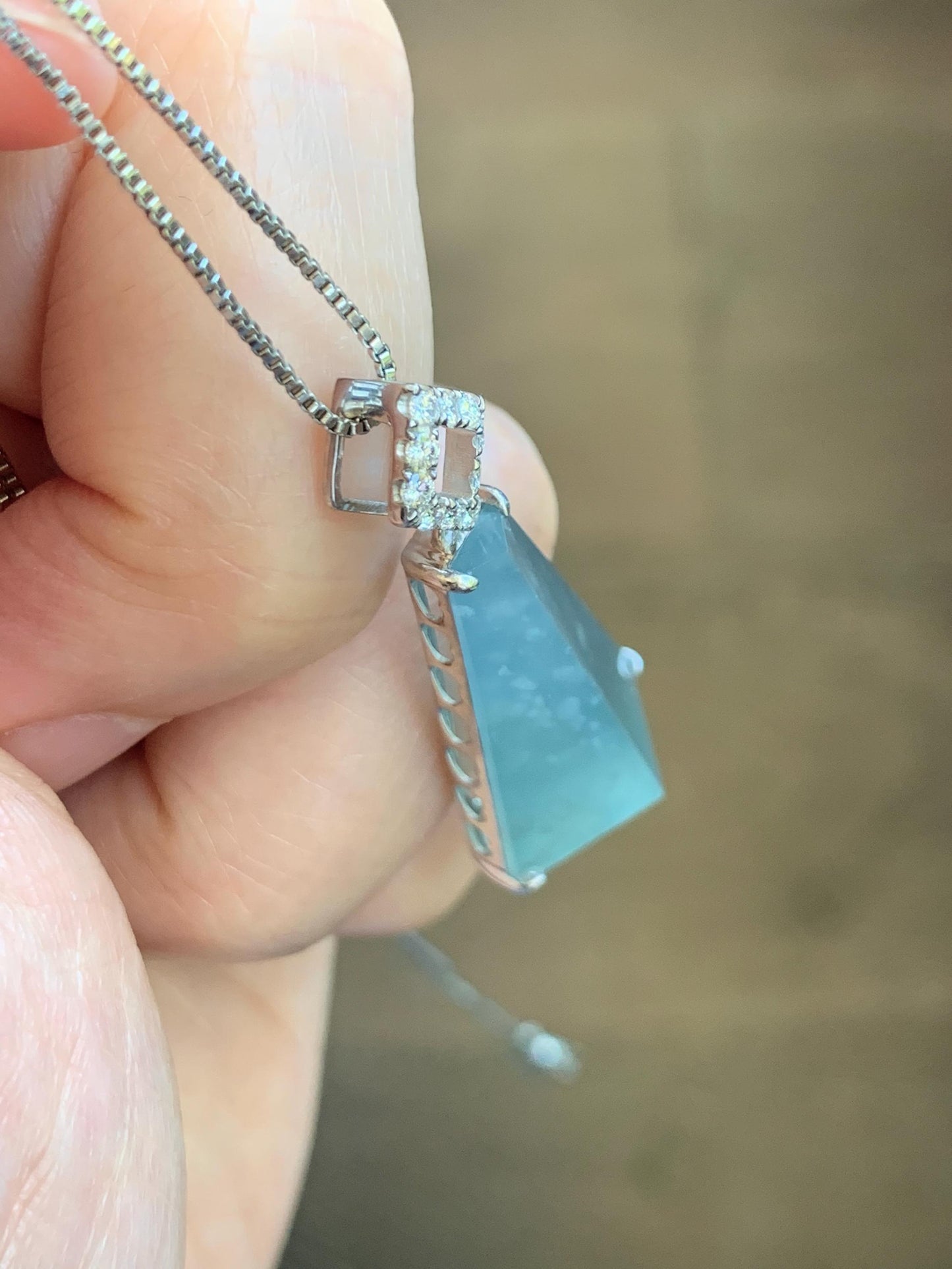Certified Natural Grade A Guatemalan Icy Light Teal Jadeite Triangular Pillar Pendant Moissanite Sterling Silver 4.18g 天然高冰危浅蓝翡翠三角柱银镶吊坠 243