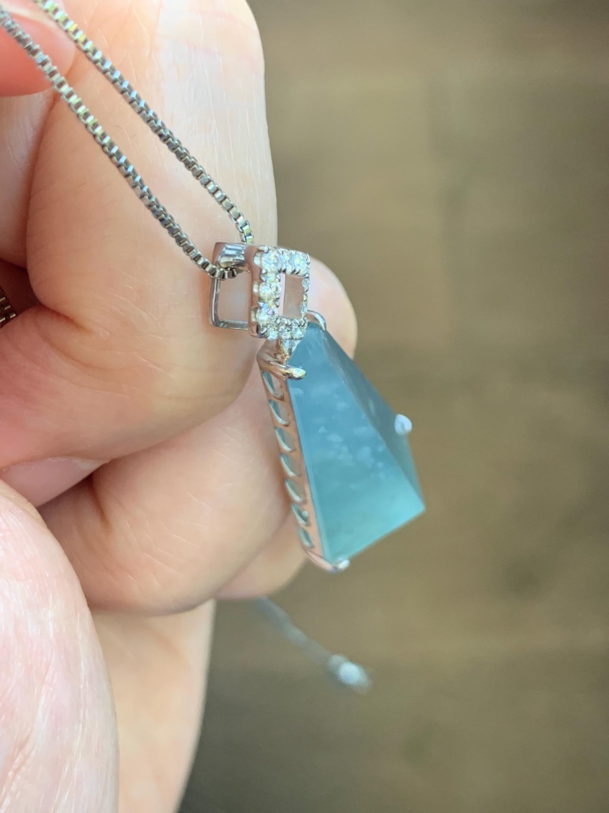 Certified Natural Grade A Guatemalan Icy Light Teal Jadeite Triangular Pillar Pendant Moissanite Sterling Silver 4.18g 天然高冰危浅蓝翡翠三角柱银镶吊坠 243