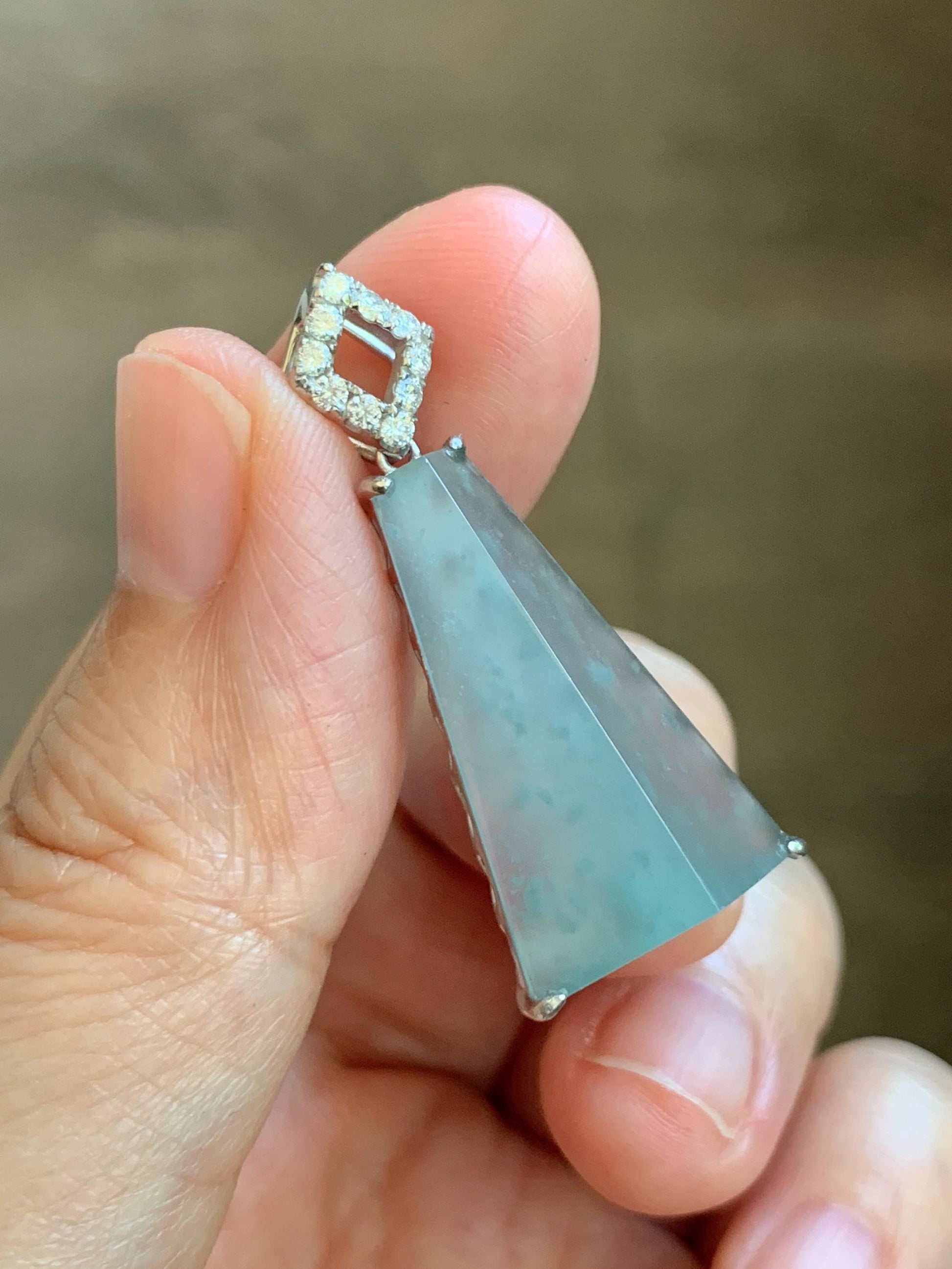 Certified Natural Grade A Guatemalan Icy Light Teal Jadeite Triangular Pillar Pendant Moissanite Sterling Silver 4.18g 天然高冰危浅蓝翡翠三角柱银镶吊坠 243