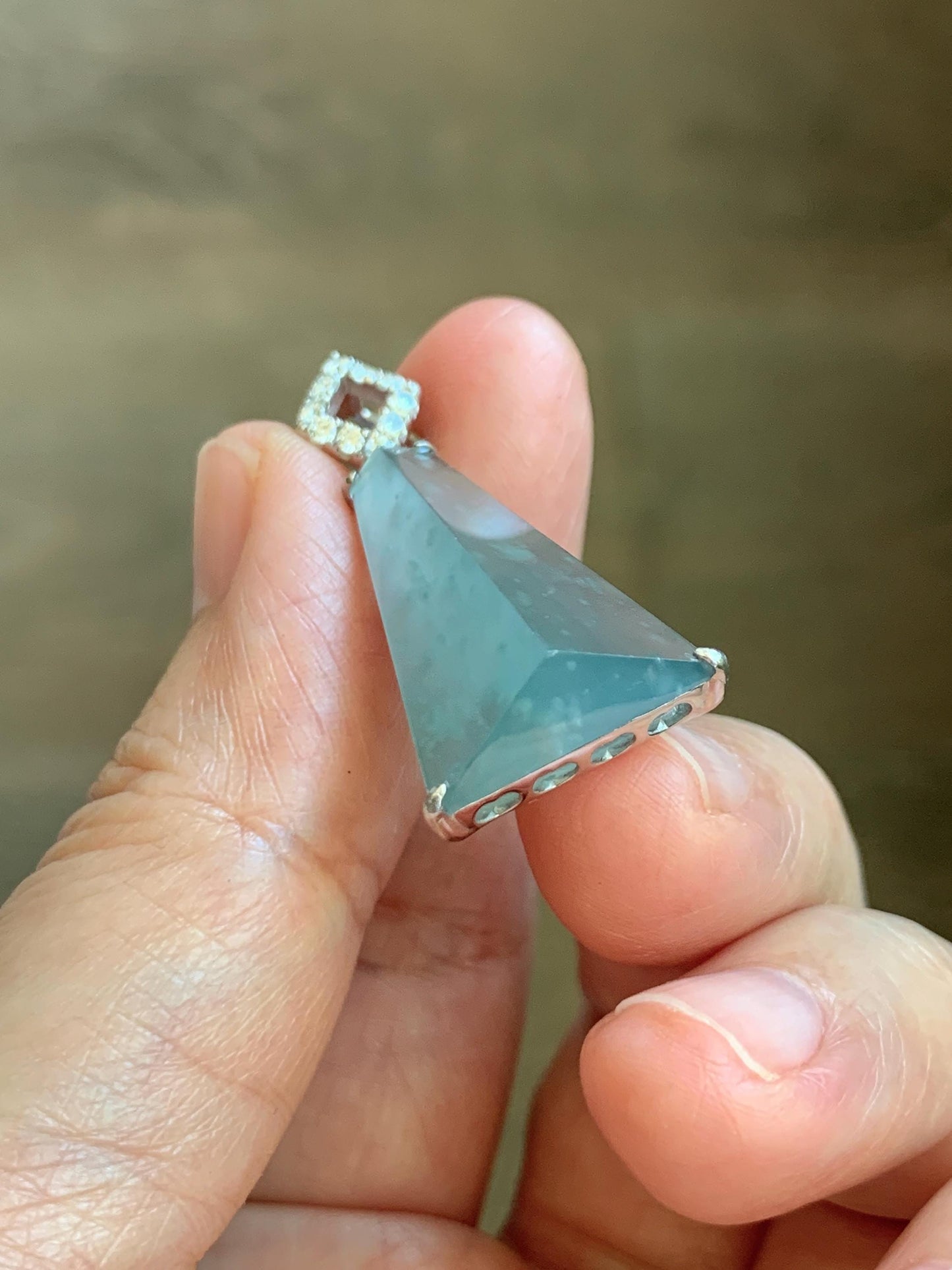 Certified Natural Grade A Guatemalan Icy Light Teal Jadeite Triangular Pillar Pendant Moissanite Sterling Silver 4.18g 天然高冰危浅蓝翡翠三角柱银镶吊坠 243