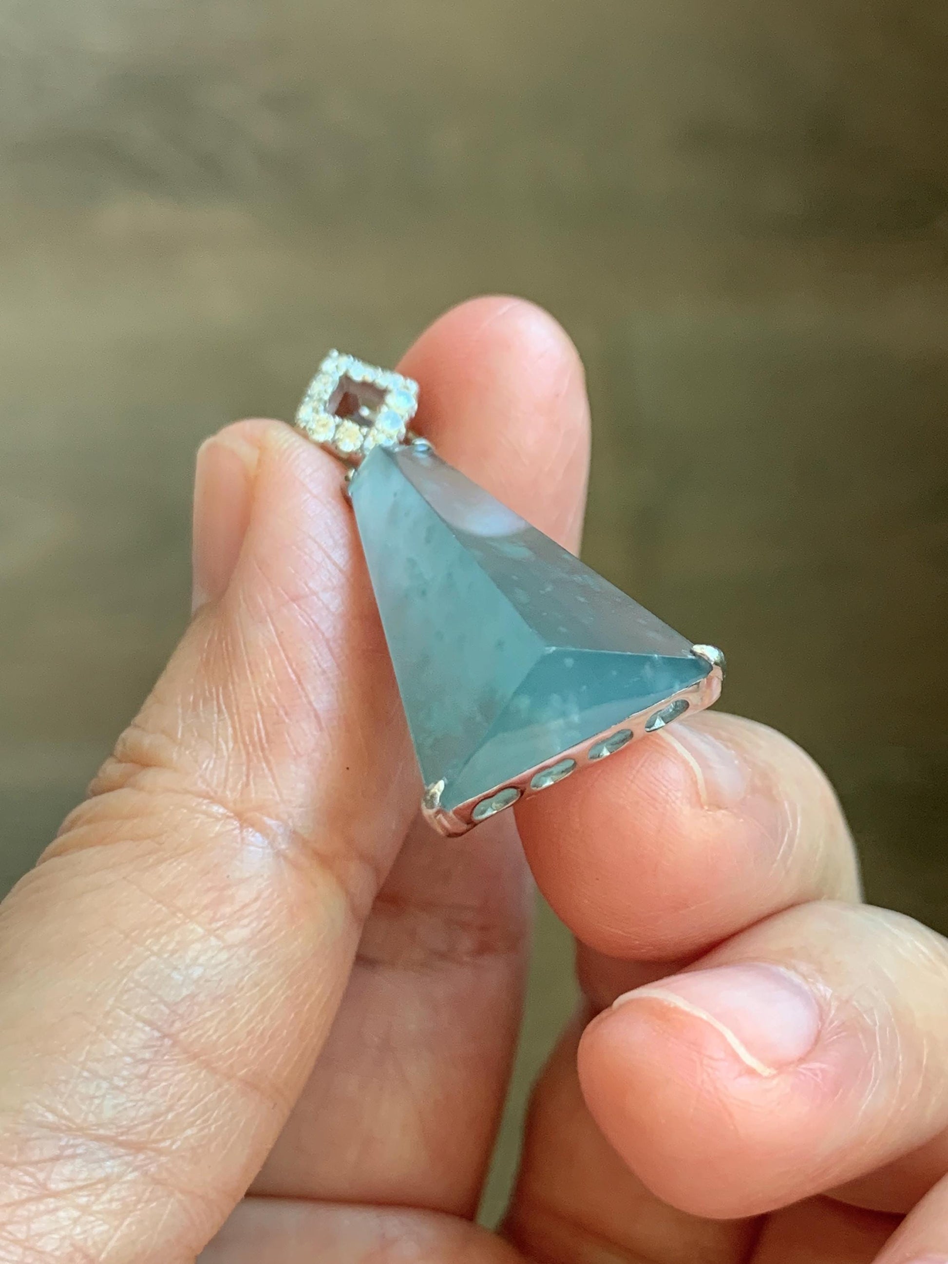 Certified Natural Grade A Guatemalan Icy Light Teal Jadeite Triangular Pillar Pendant Moissanite Sterling Silver 4.18g 天然高冰危浅蓝翡翠三角柱银镶吊坠 243
