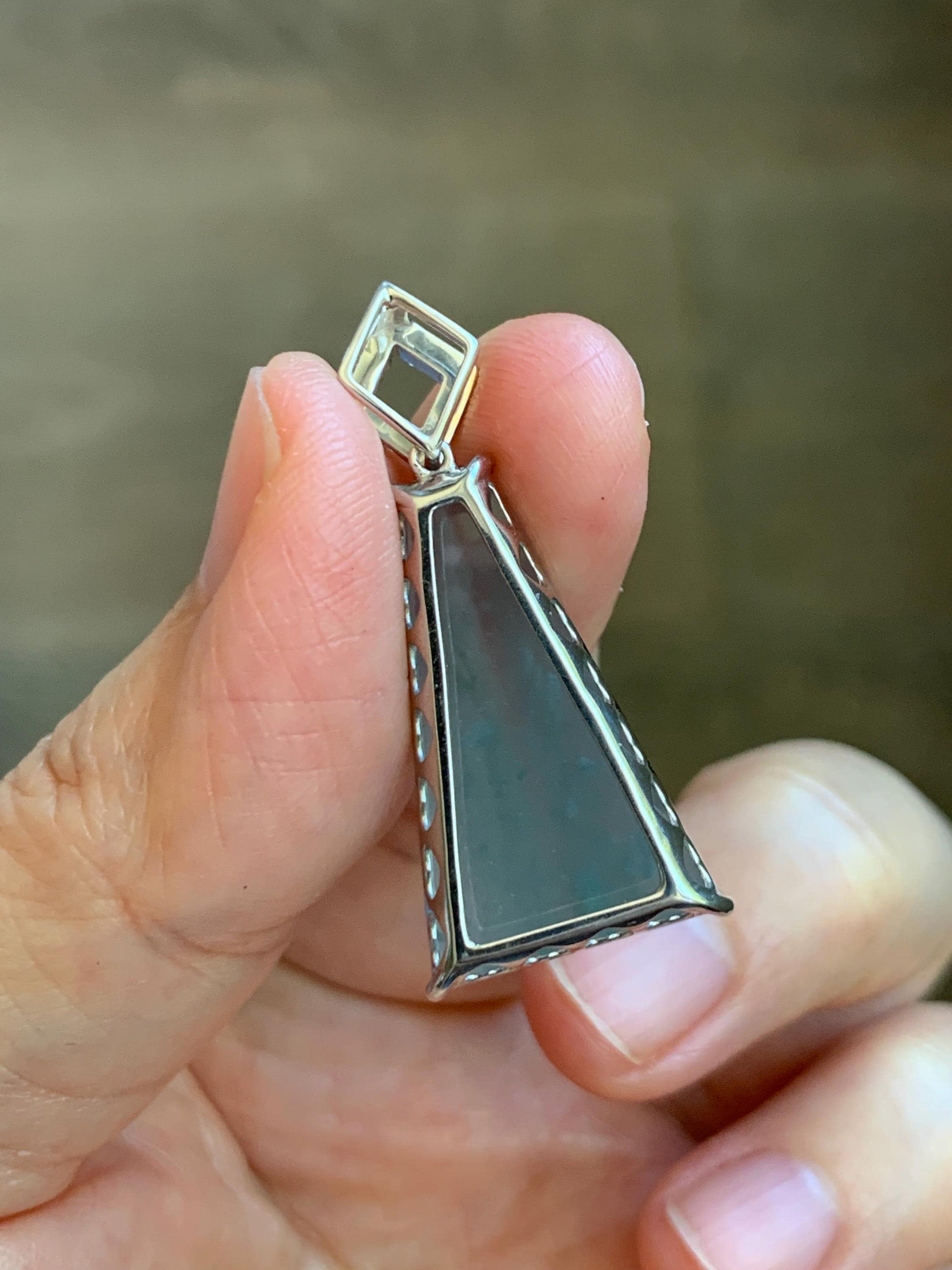 Certified Natural Grade A Guatemalan Icy Light Teal Jadeite Triangular Pillar Pendant Moissanite Sterling Silver 4.18g 天然高冰危浅蓝翡翠三角柱银镶吊坠 243