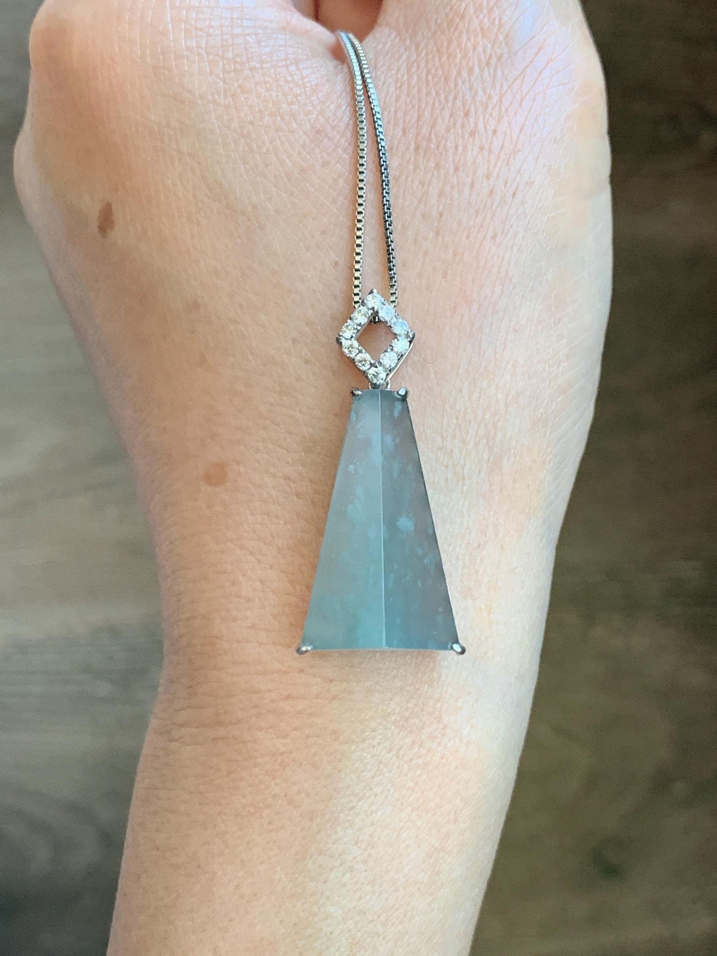 Certified Natural Grade A Guatemalan Icy Light Teal Jadeite Triangular Pillar Pendant Moissanite Sterling Silver 4.18g 天然高冰危浅蓝翡翠三角柱银镶吊坠 243