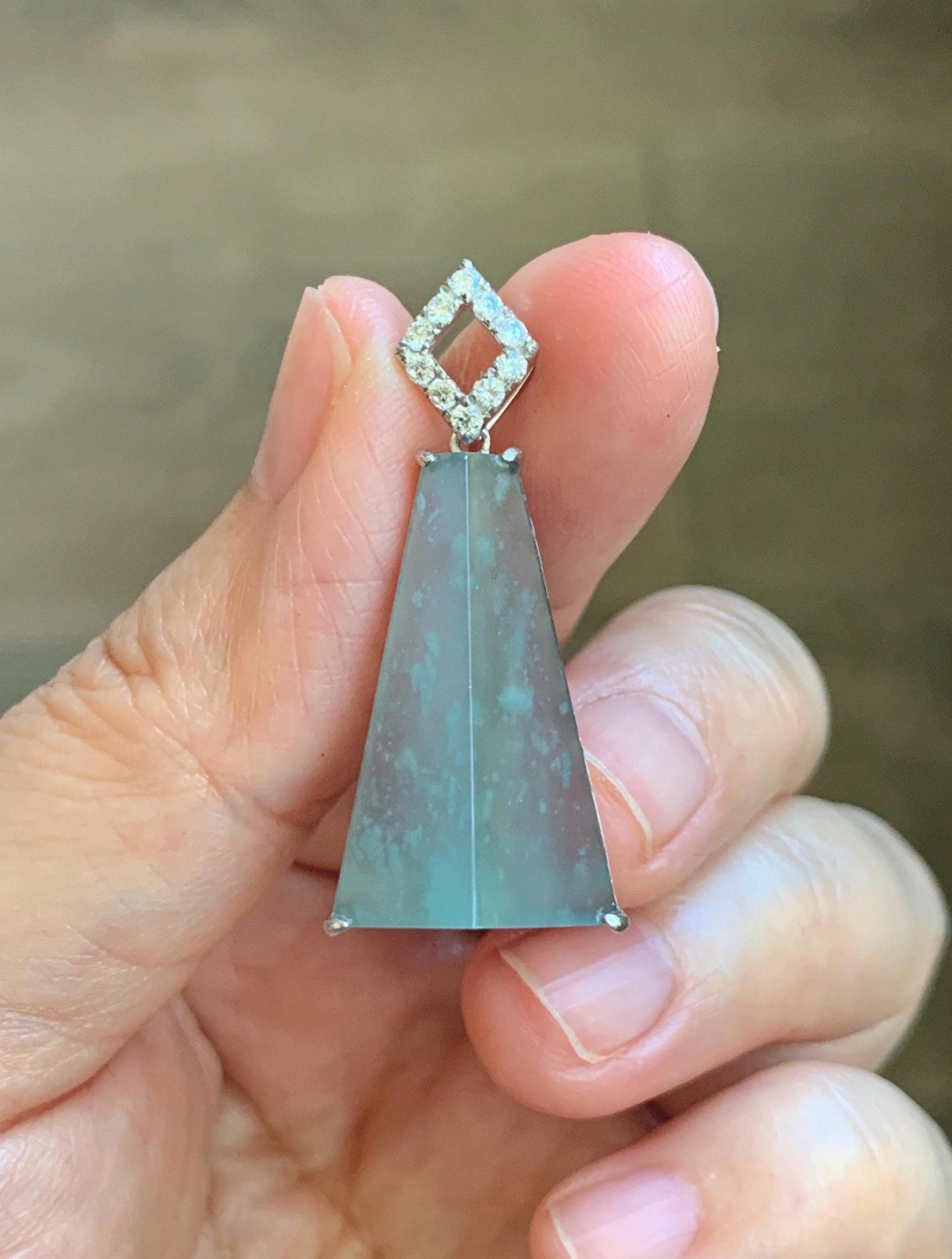 Certified Natural Grade A Guatemalan Icy Light Teal Jadeite Triangular Pillar Pendant Moissanite Sterling Silver 4.18g 天然高冰危浅蓝翡翠三角柱银镶吊坠 243