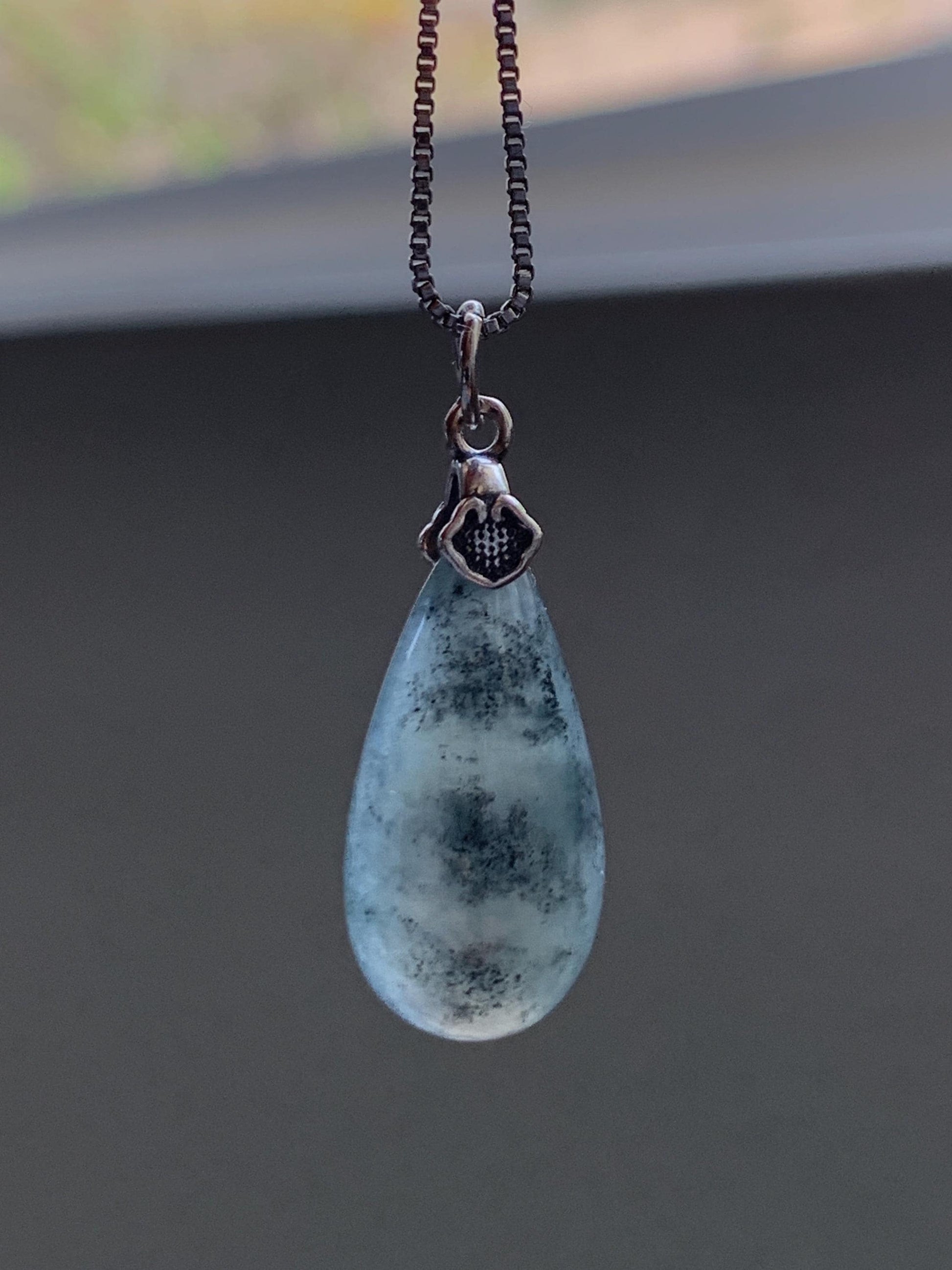 Natural Grade A Guatemalan Icy Highly Translucent Wuji Jade Jadeite Teardrop Pendant Sterling Silver 天然冰危乌鸡翡翠水滴吊坠 WSD88