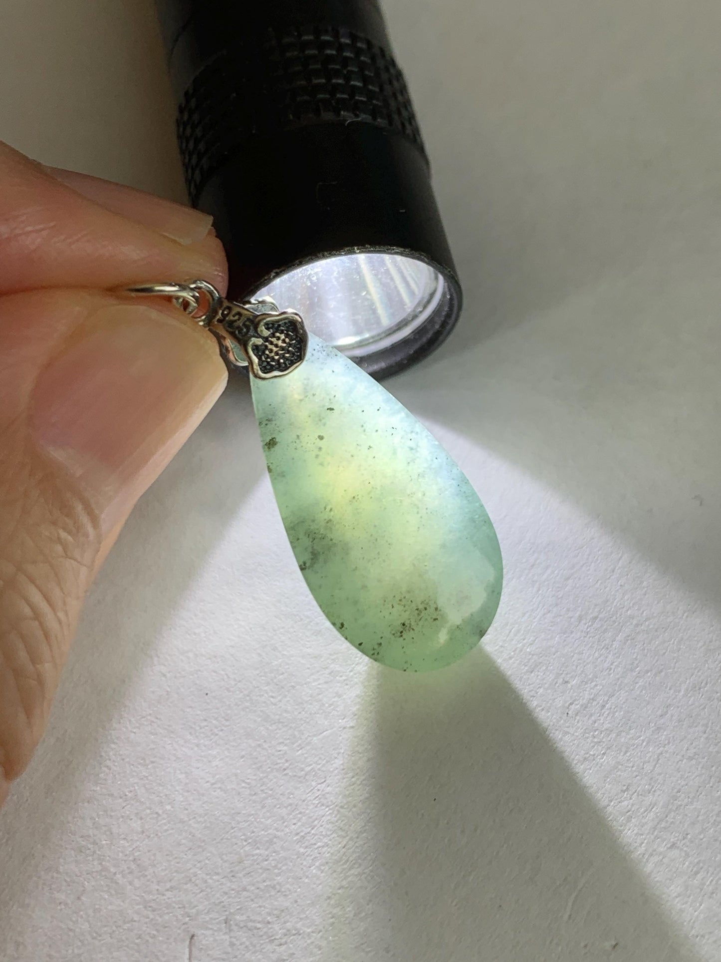 Natural Grade A Guatemalan Icy Highly Translucent Wuji Jade Jadeite Teardrop Pendant Sterling Silver 天然冰危乌鸡翡翠水滴吊坠 WSD88