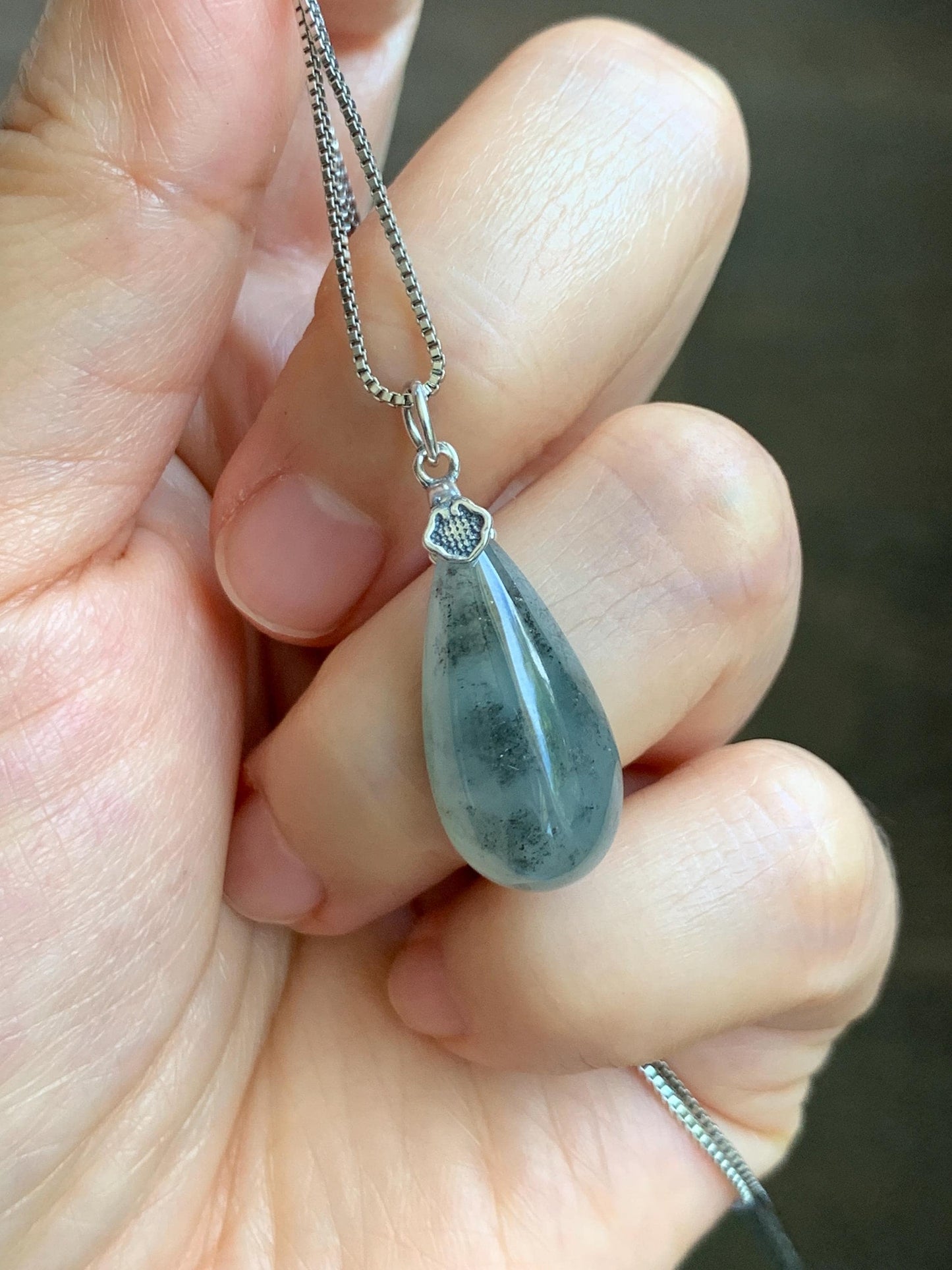 Natural Grade A Guatemalan Icy Highly Translucent Wuji Jade Jadeite Teardrop Pendant Sterling Silver 天然冰危乌鸡翡翠水滴吊坠 WSD88