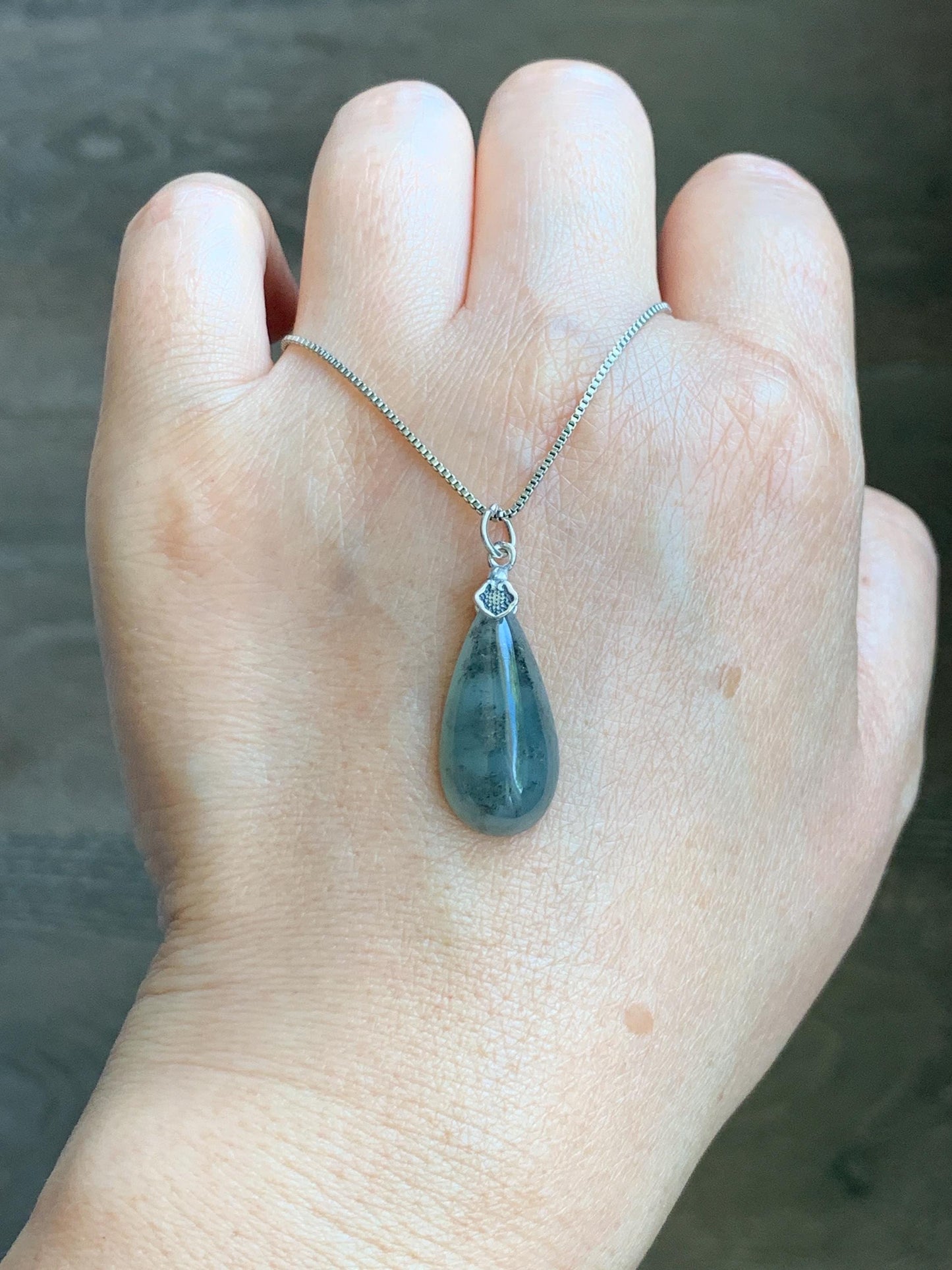 Natural Grade A Guatemalan Icy Highly Translucent Wuji Jade Jadeite Teardrop Pendant Sterling Silver 天然冰危乌鸡翡翠水滴吊坠 WSD88