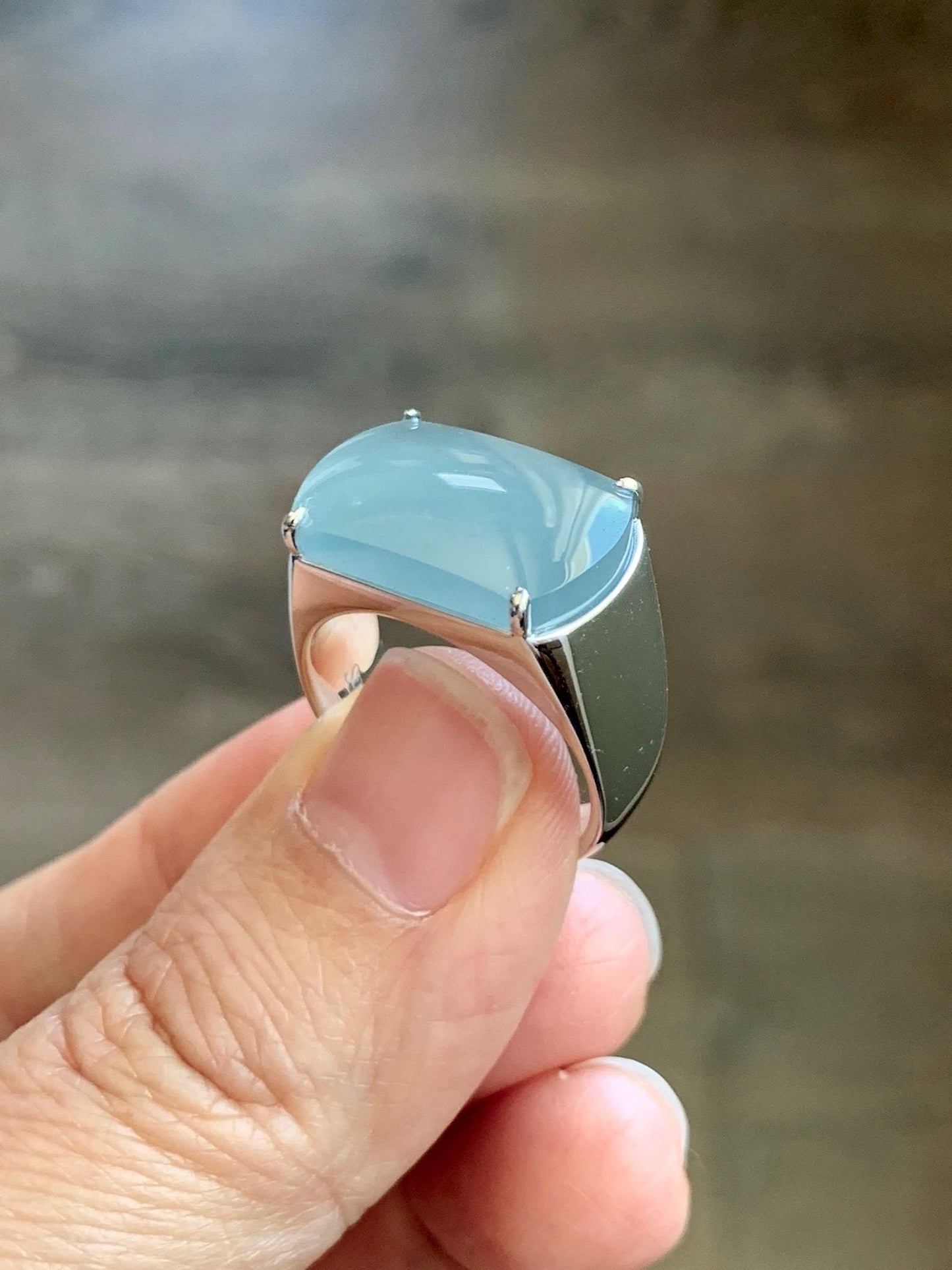 Certified Natural Grade A Guatemalan Icy Dusty Blue Jade Jadeite Saddle Ring Size 7.5 US Sterling Silver 11g Mens Ring 天然冰危蓝灰翡翠马鞍银镶戒指 222