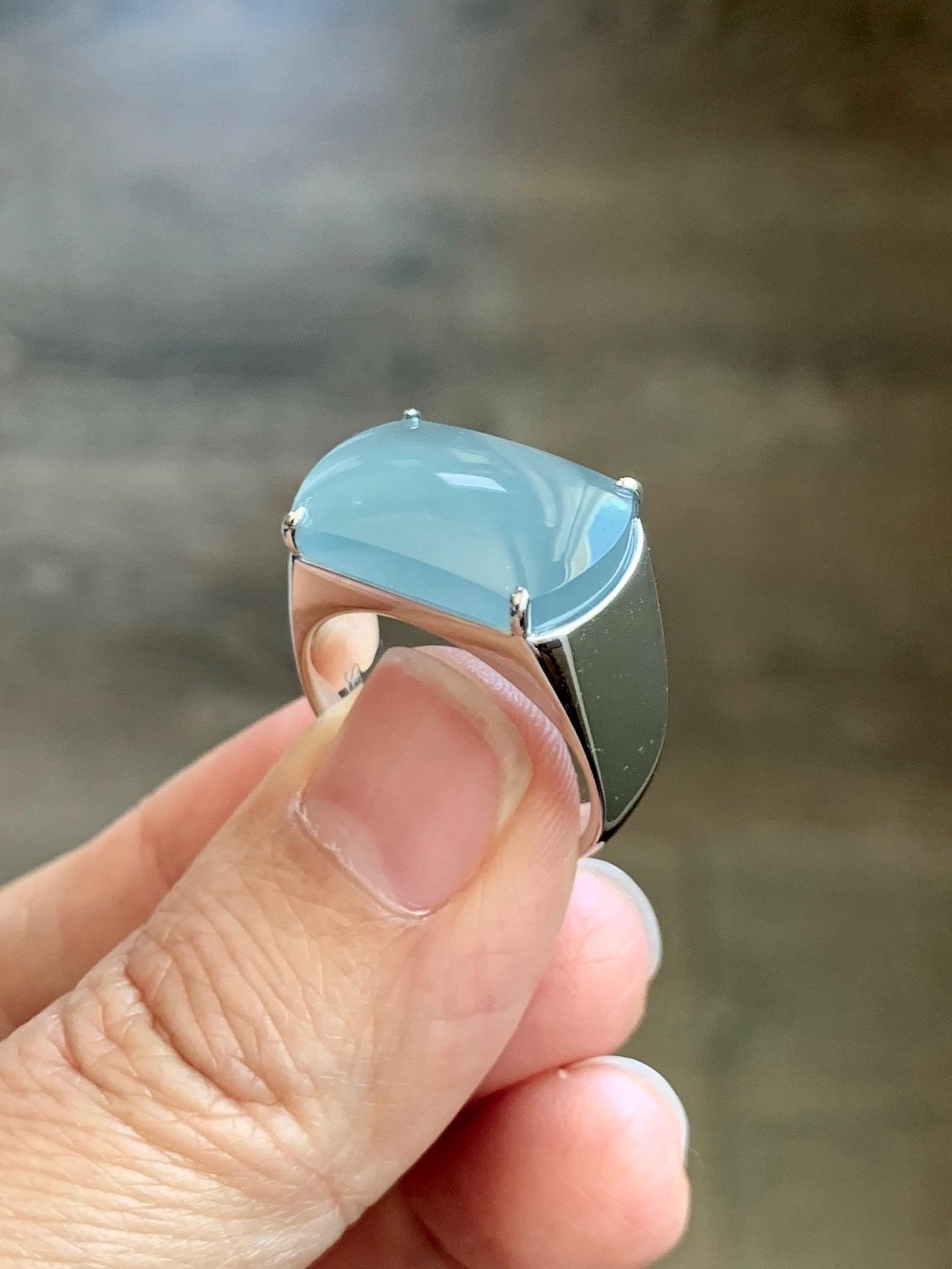 Certified Natural Grade A Guatemalan Icy Dusty Blue Jade Jadeite Saddle Ring Size 7.5 US Sterling Silver 11g Mens Ring 天然冰危蓝灰翡翠马鞍银镶戒指 222