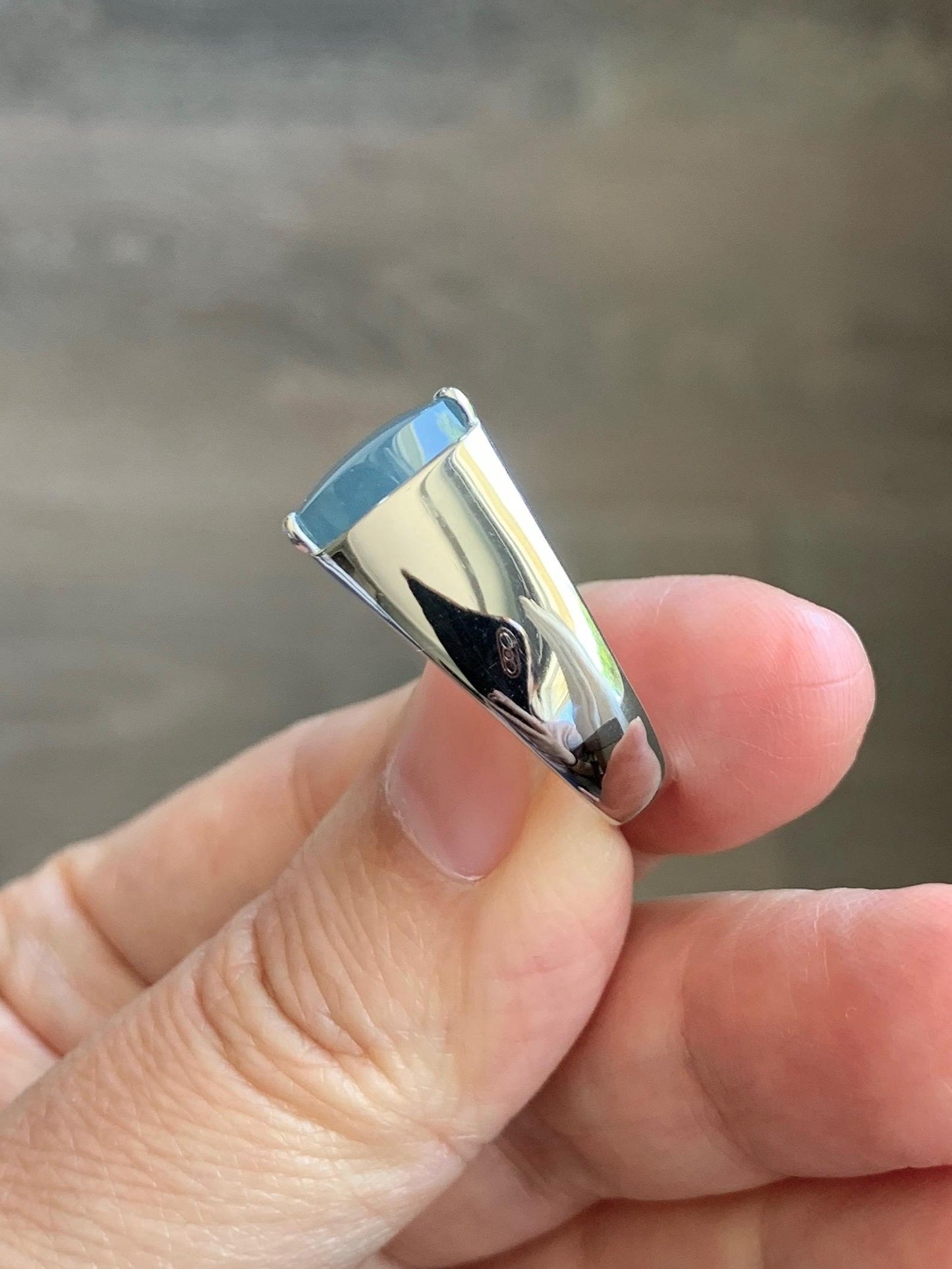 Certified Natural Grade A Guatemalan Icy Dusty Blue Jade Jadeite Saddle Ring Size 7.5 US Sterling Silver 11g Mens Ring 天然冰危蓝灰翡翠马鞍银镶戒指 222