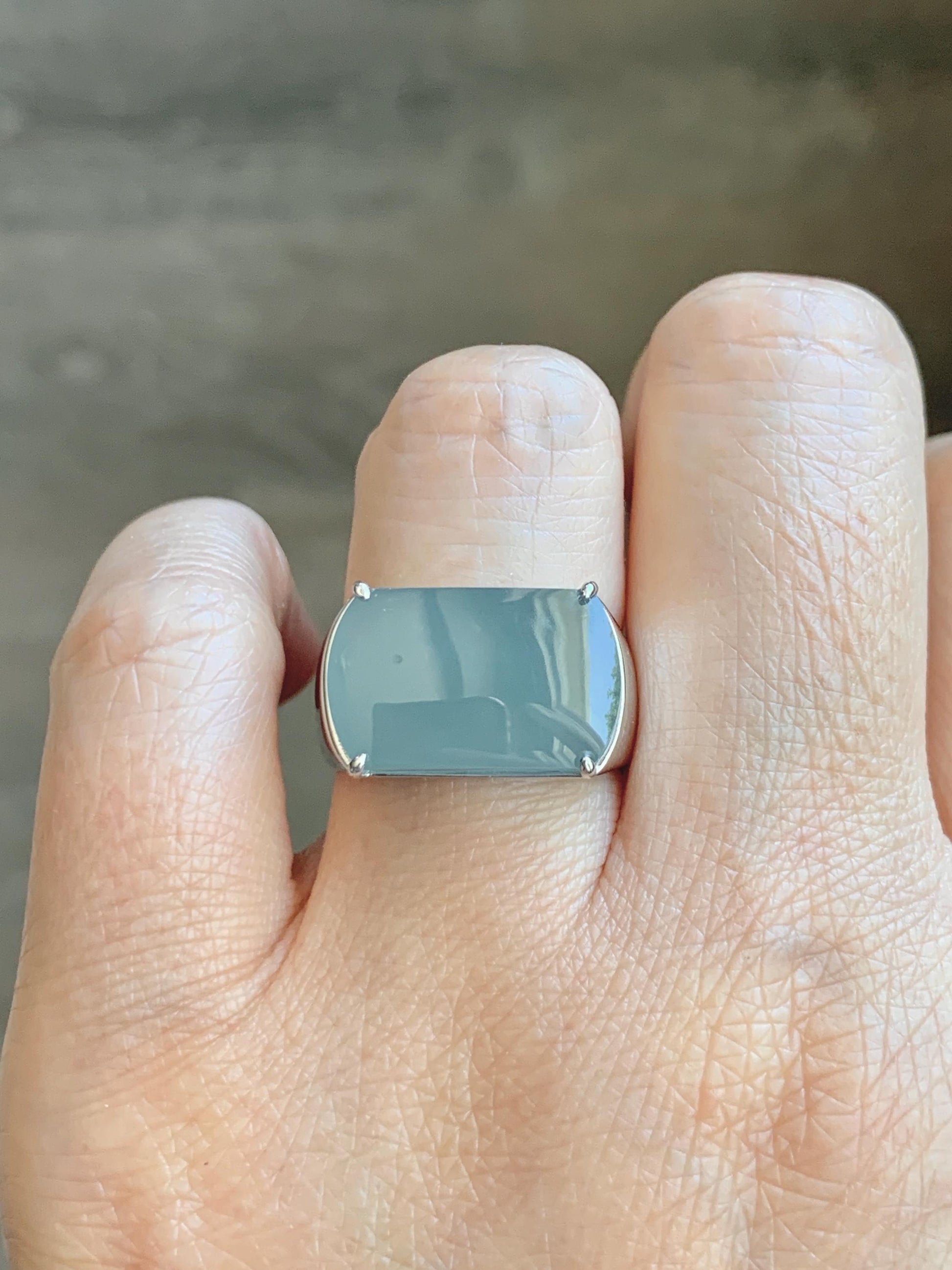 Certified Natural Grade A Guatemalan Icy Dusty Blue Jade Jadeite Saddle Ring Size 7.5 US Sterling Silver 11g Mens Ring 天然冰危蓝灰翡翠马鞍银镶戒指 222
