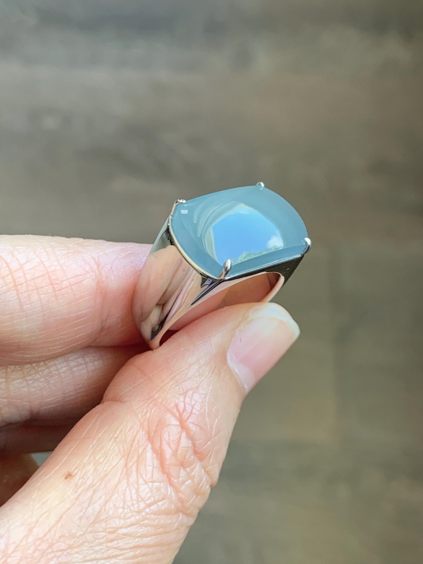 Certified Natural Grade A Guatemalan Icy Dusty Blue Jade Jadeite Saddle Ring Size 7.5 US Sterling Silver 11g Mens Ring 天然冰危蓝灰翡翠马鞍银镶戒指 222