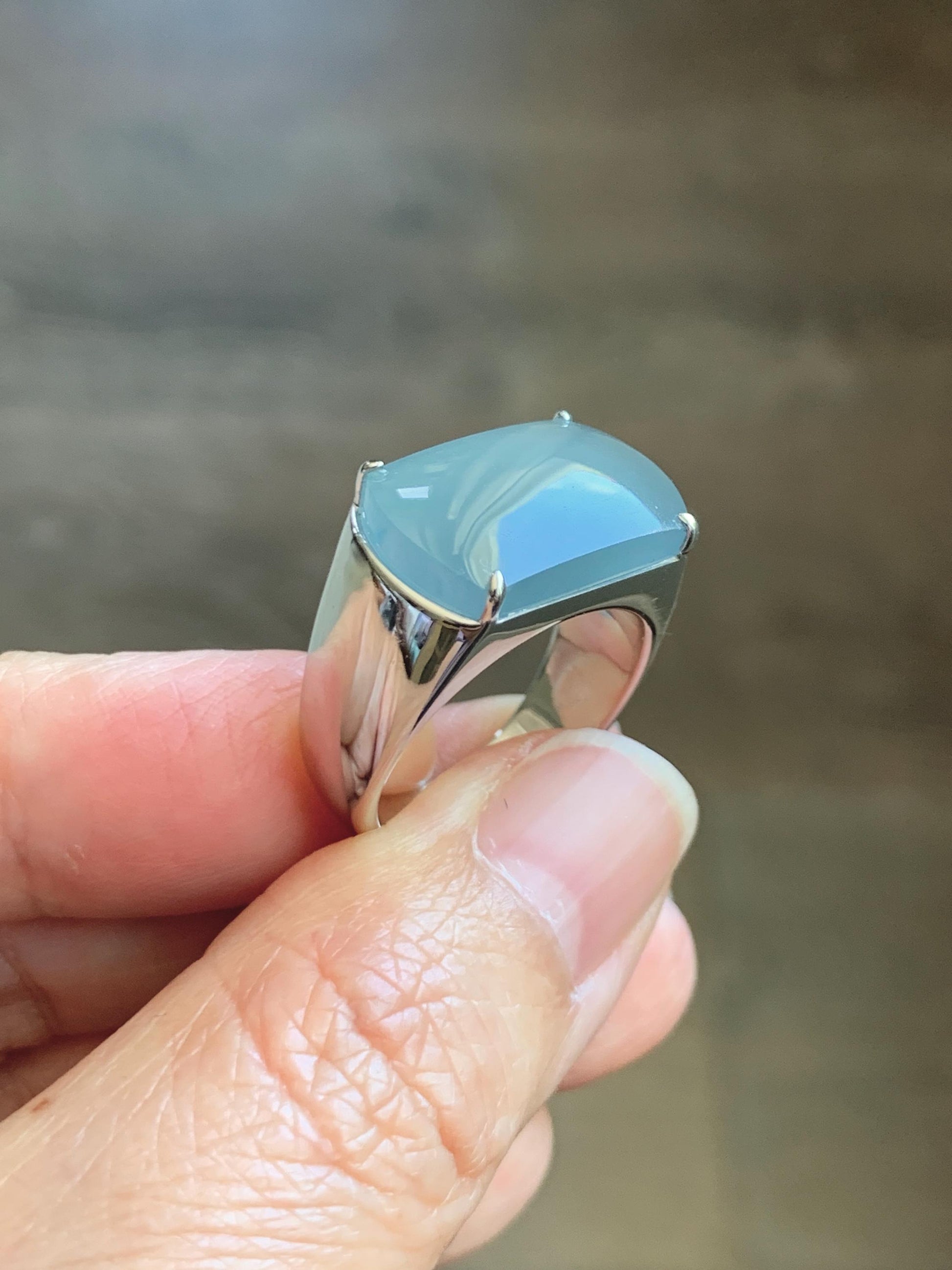 Certified Natural Grade A Guatemalan Icy Dusty Blue Jade Jadeite Saddle Ring Size 7.5 US Sterling Silver 11g Mens Ring 天然冰危蓝灰翡翠马鞍银镶戒指 222