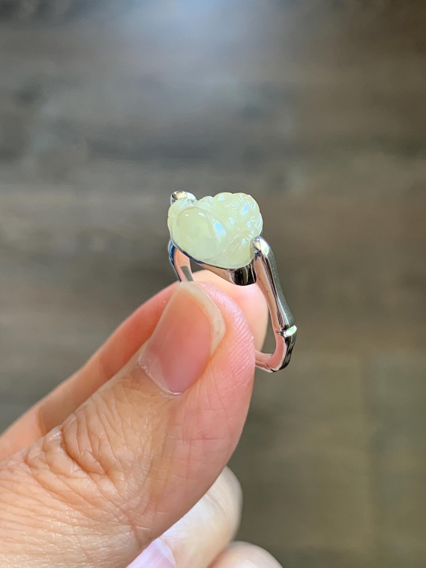 Certified Natural Grade A Icy Translucent Pastel Yellow Jade Jadeite Buddha Bamboo Ring Sterling Silver Size 7.25 US 天然冰糖黄翡翠佛公竹节款戒指 230