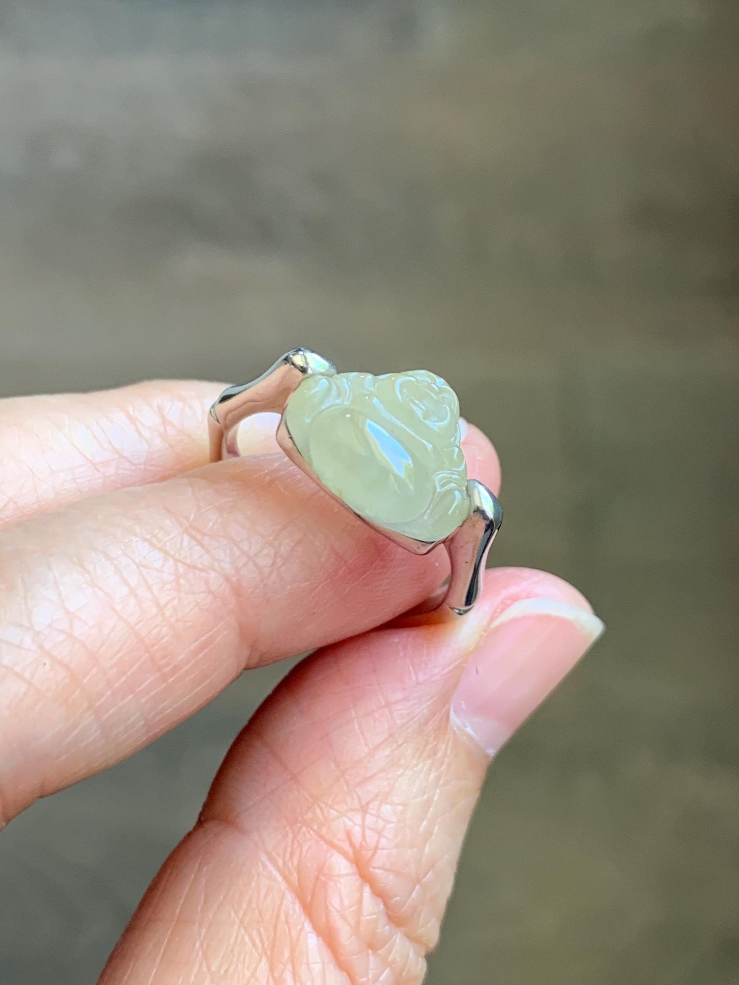Certified Natural Grade A Icy Translucent Pastel Yellow Jade Jadeite Buddha Bamboo Ring Sterling Silver Size 7.25 US 天然冰糖黄翡翠佛公竹节款戒指 230