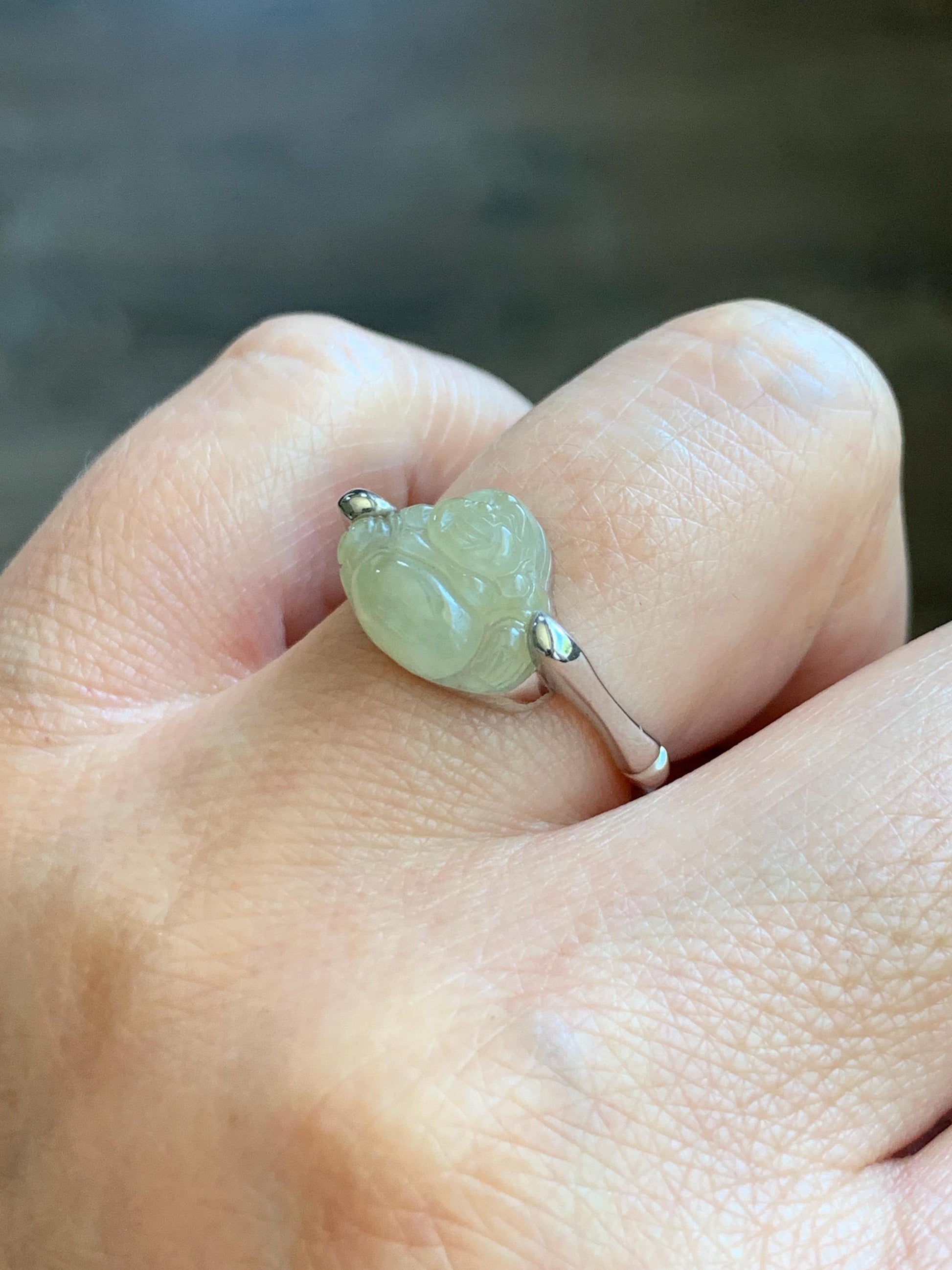 Certified Natural Grade A Icy Translucent Pastel Yellow Jade Jadeite Buddha Bamboo Ring Sterling Silver Size 7.25 US 天然冰糖黄翡翠佛公竹节款戒指 230