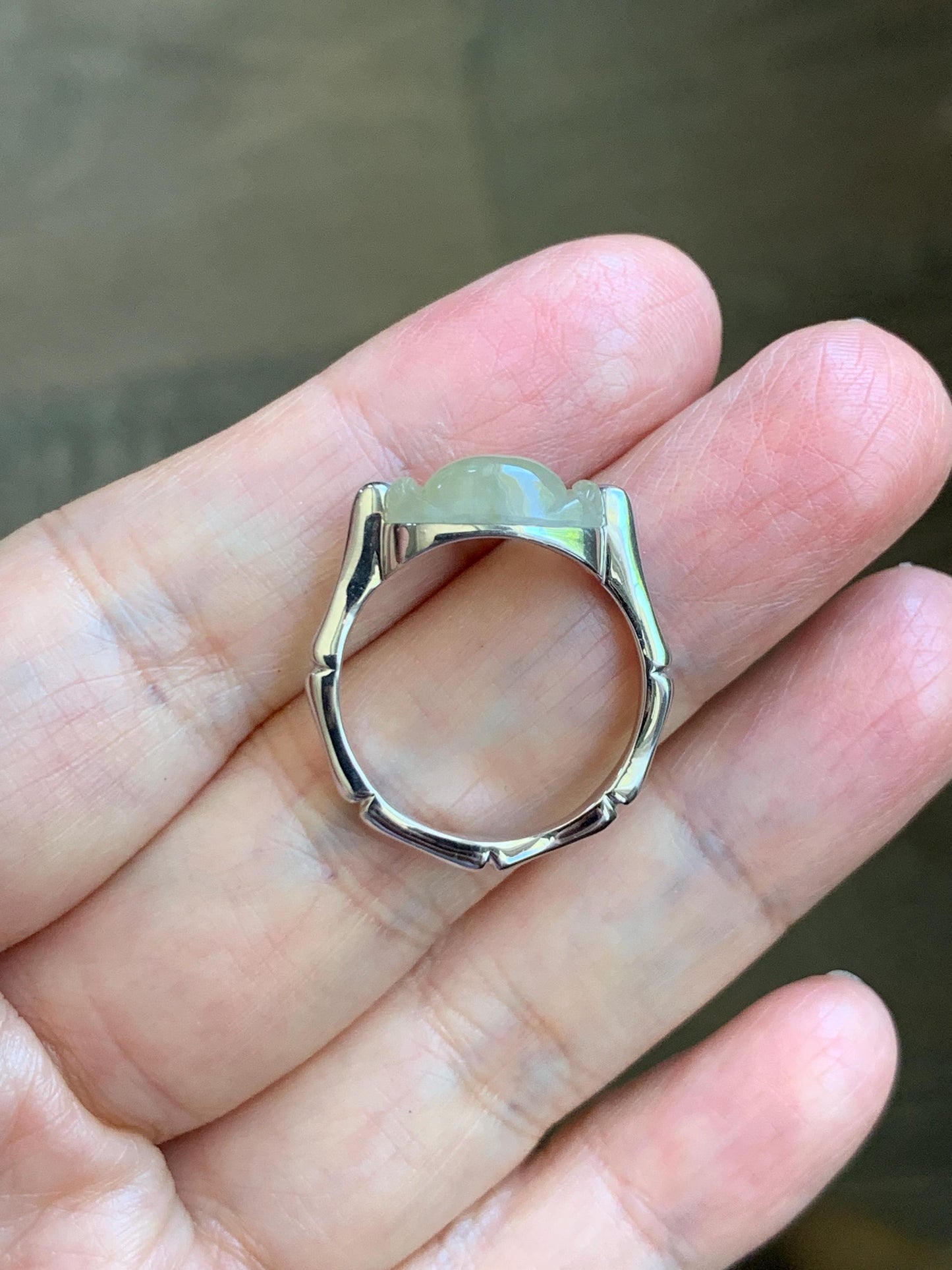 Certified Natural Grade A Icy Translucent Pastel Yellow Jade Jadeite Buddha Bamboo Ring Sterling Silver Size 7.25 US 天然冰糖黄翡翠佛公竹节款戒指 230