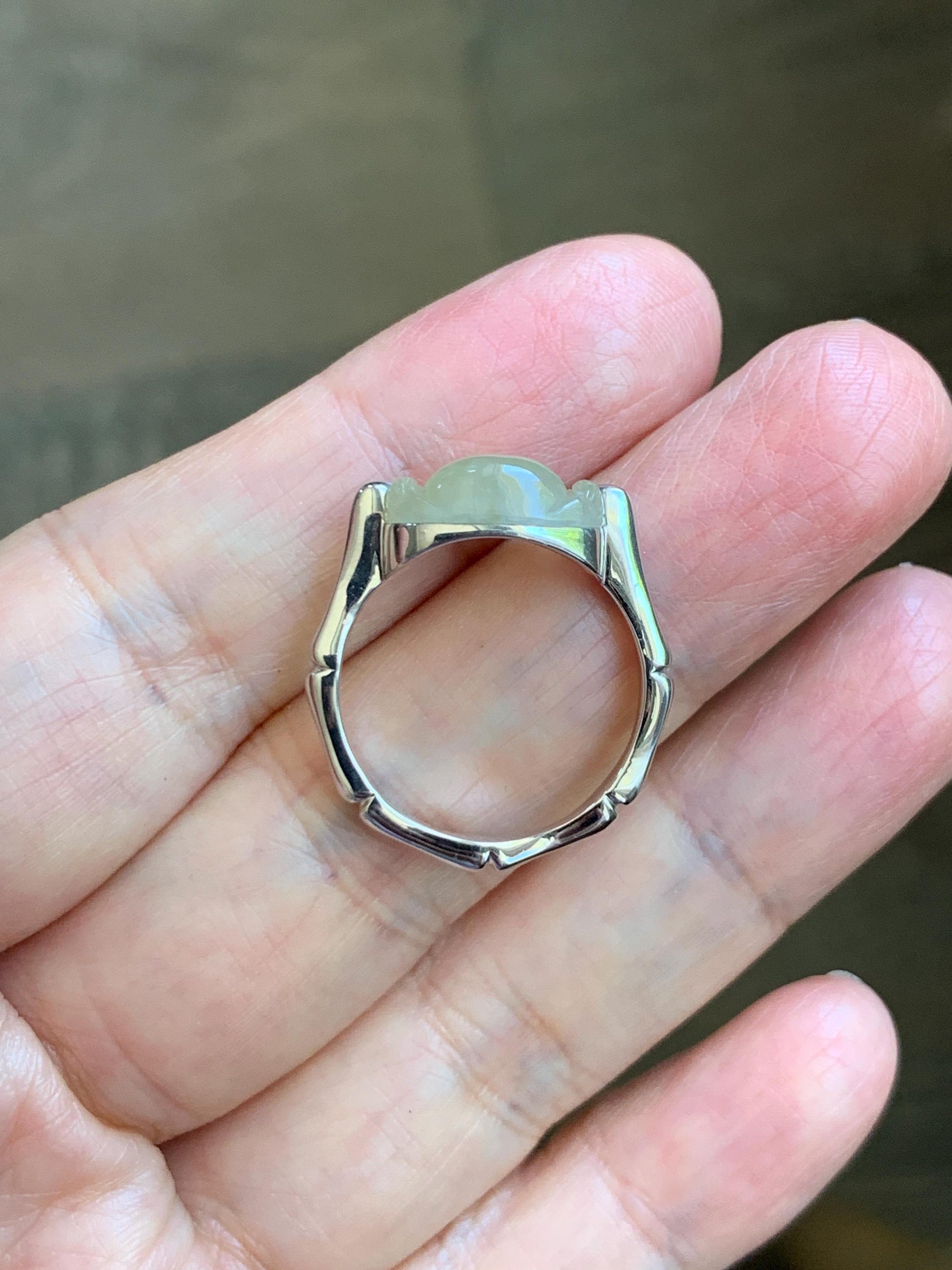 Certified Natural Grade A Icy Translucent Pastel Yellow Jade Jadeite Buddha Bamboo Ring Sterling Silver Size 7.25 US 天然冰糖黄翡翠佛公竹节款戒指 230
