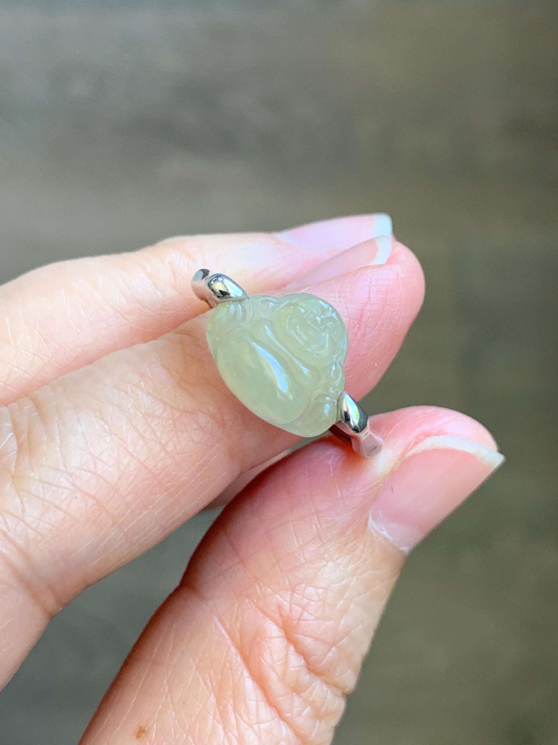 Certified Natural Grade A Icy Translucent Pastel Yellow Jade Jadeite Buddha Bamboo Ring Sterling Silver Size 7.25 US 天然冰糖黄翡翠佛公竹节款戒指 230